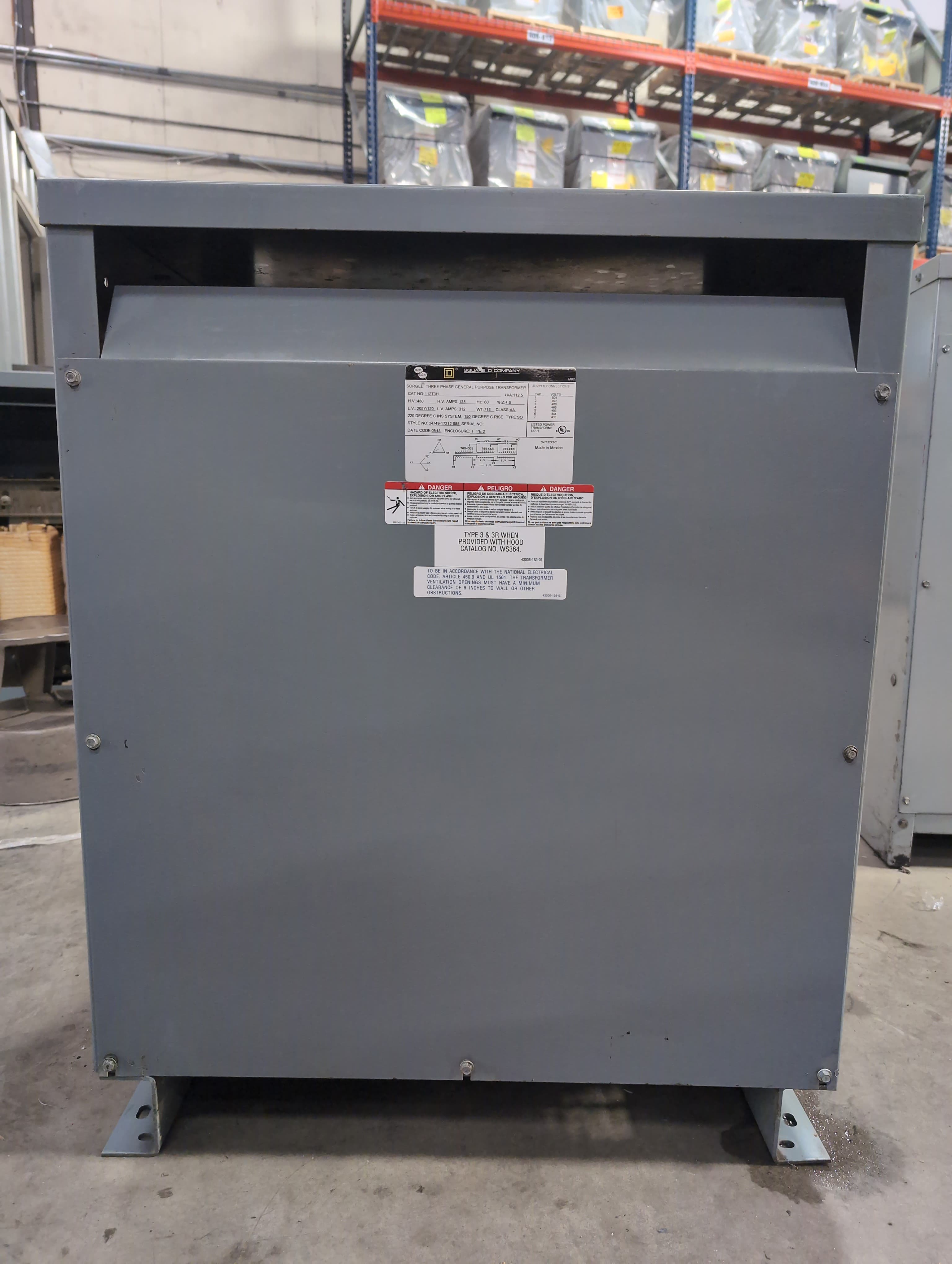 112.5KVA Sq D 112T3H Sorgel Transformer Pri 480V Sec 208/120V Indoor Encl 3PH