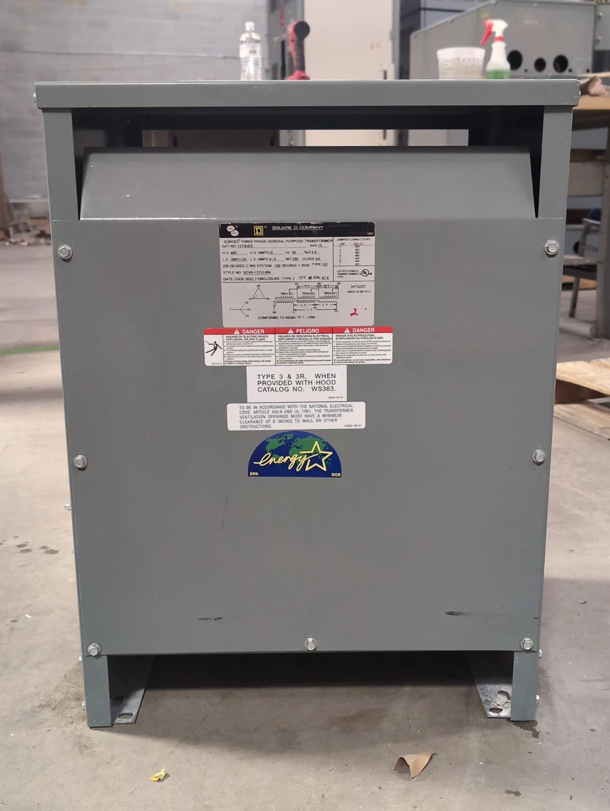 15KVA Square D 15T3HEE Transformer Pri 480V Sec 208/120V 3PH Indoor Encl 15T3H