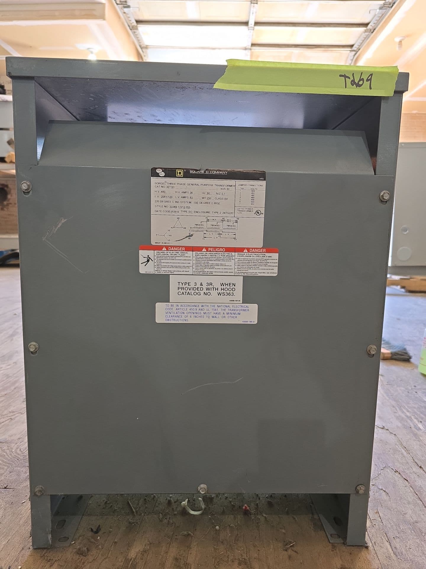 30kVA Square D 30T3H Sorgel Transformer 3PH Pri 480V Sec 208/120V Indoor T269 – image 1
