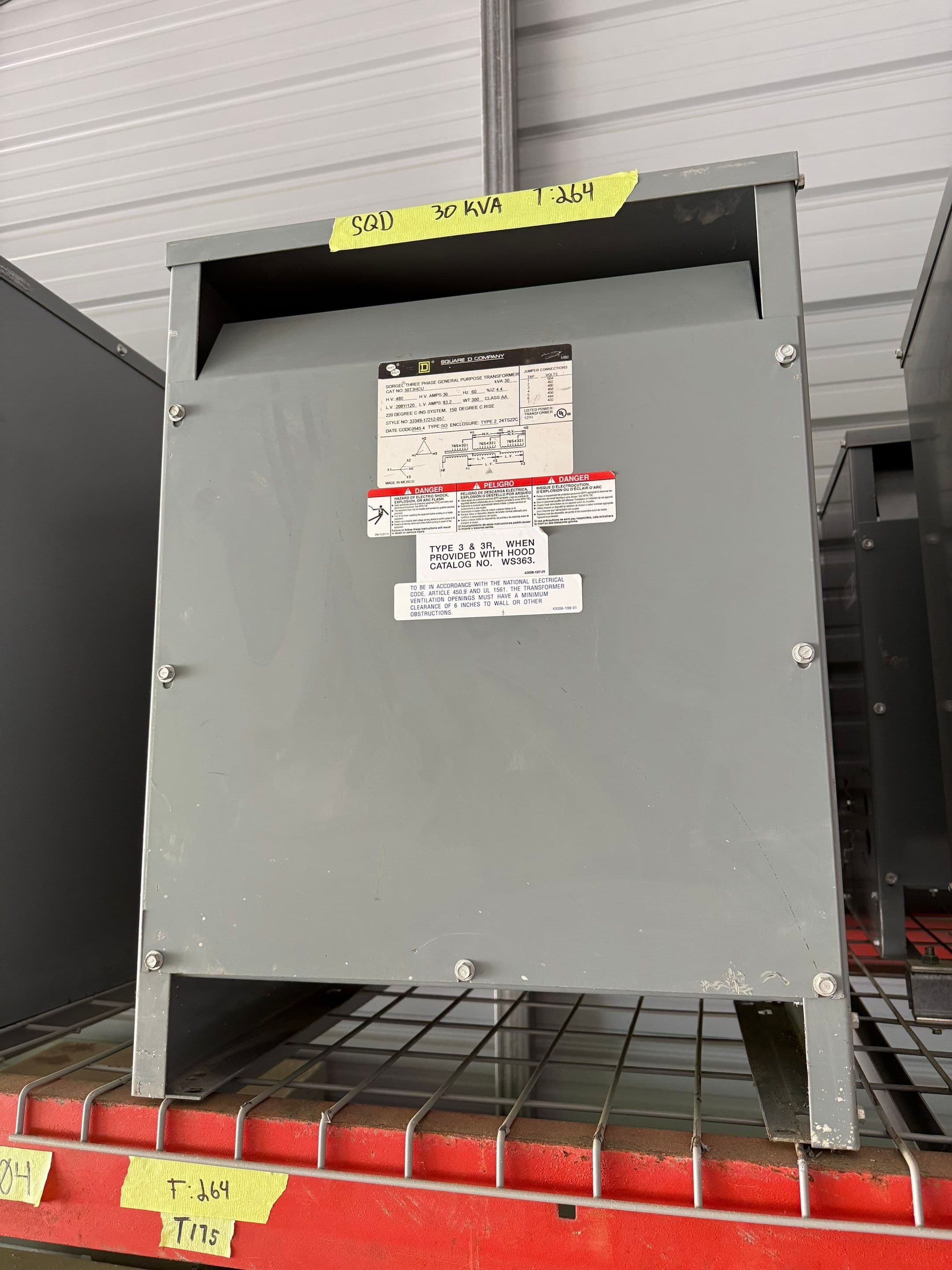 30kVA Square D 30T3HCU Sorgel Transformer 3PH Pri 480V Sec 208/120V T264 – image 1
