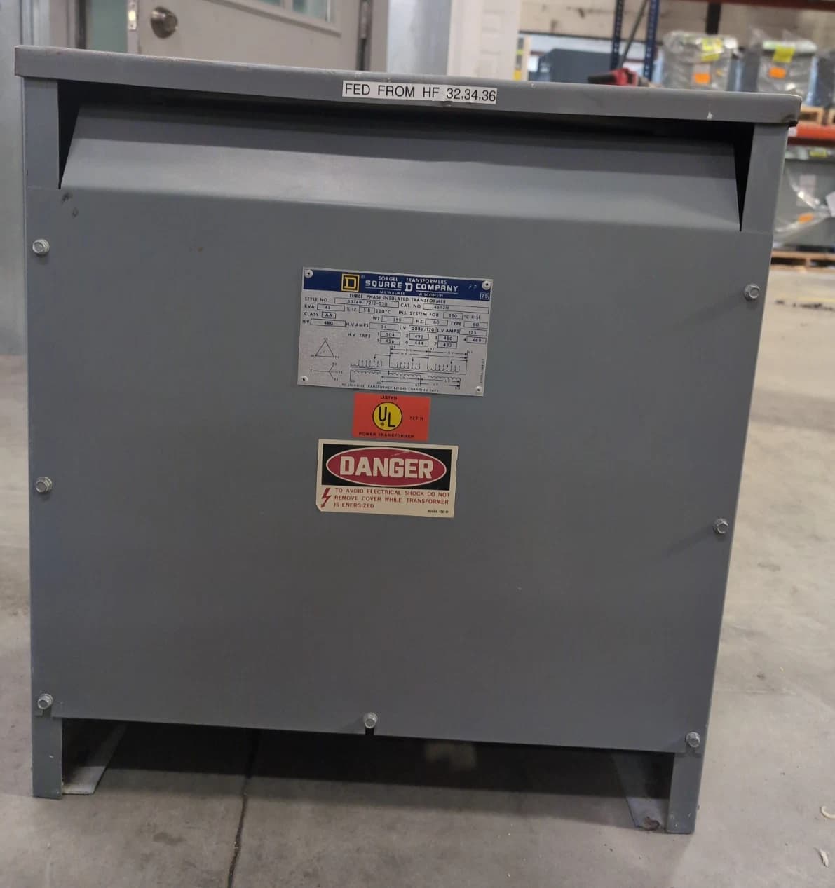 45 KVA Square D Transformer 45T3H Pri 480V Sec 208/120V 3PH 60Hz Indoor Encl – image 1