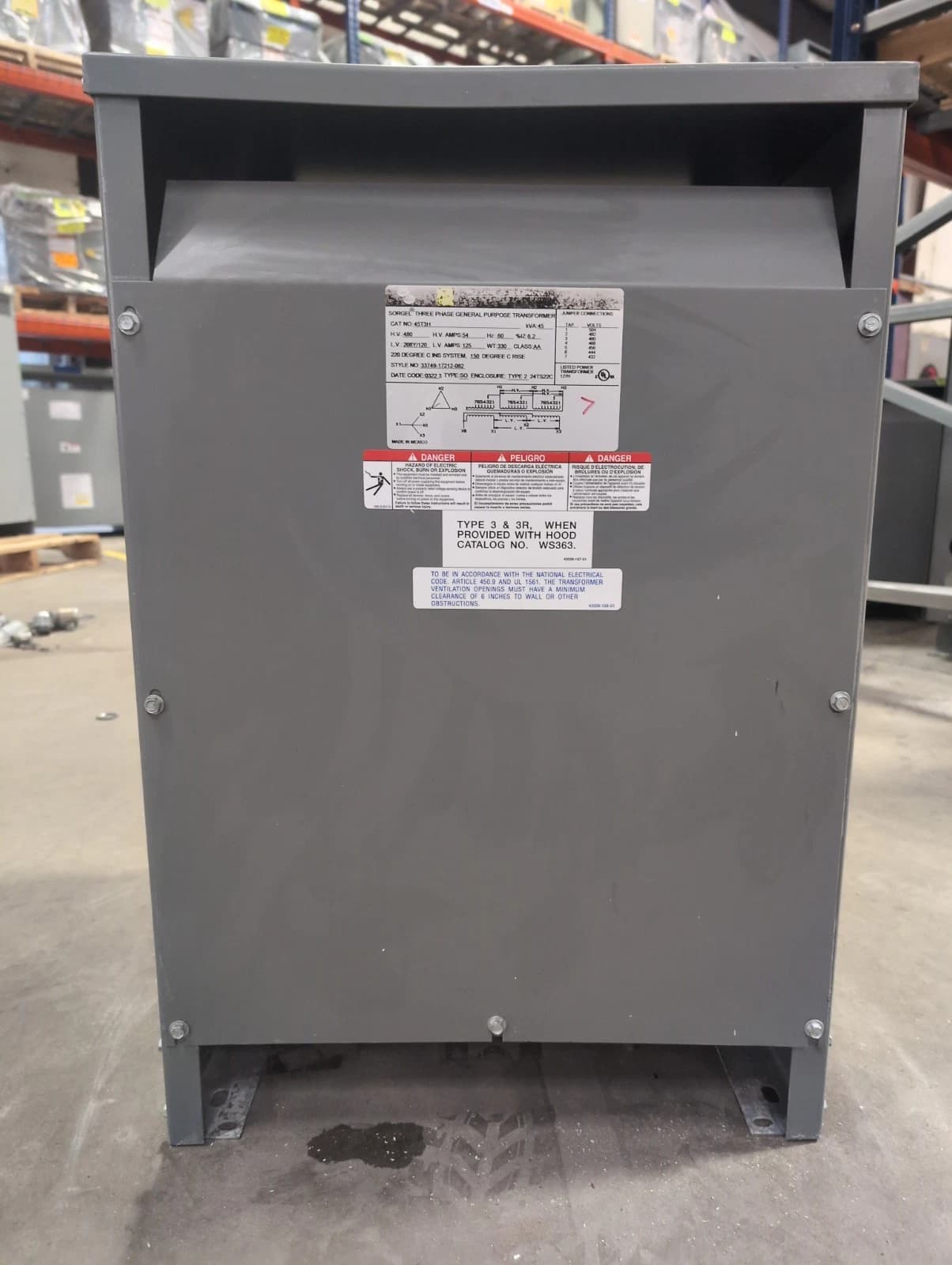 45 KVA Square D Transformer 45T3H Pri 480V Sec 208/120V 3PH Indoor Encl 60Hz – image 1