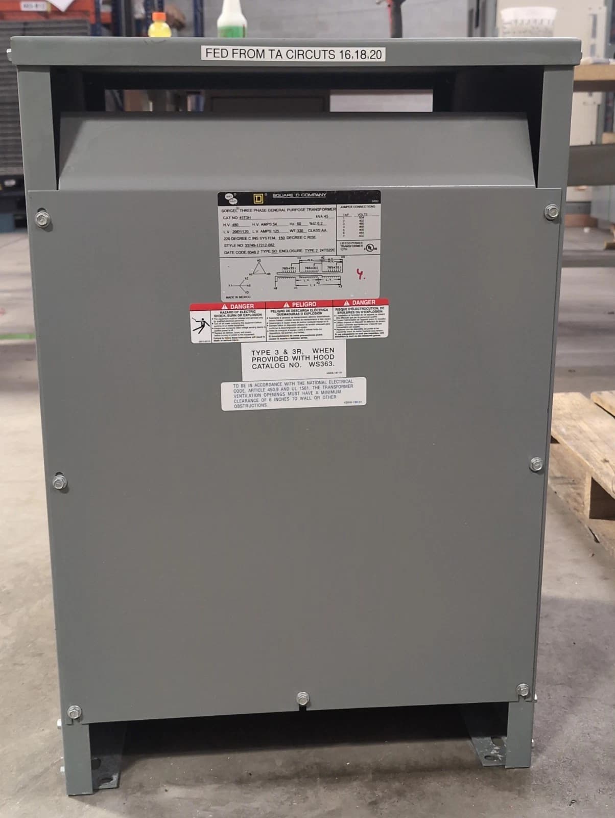 45 KVA Square D 3PH Transformer 45T3H Pri 480V Sec 208/120V Indoor Encl 60Hz – image 1