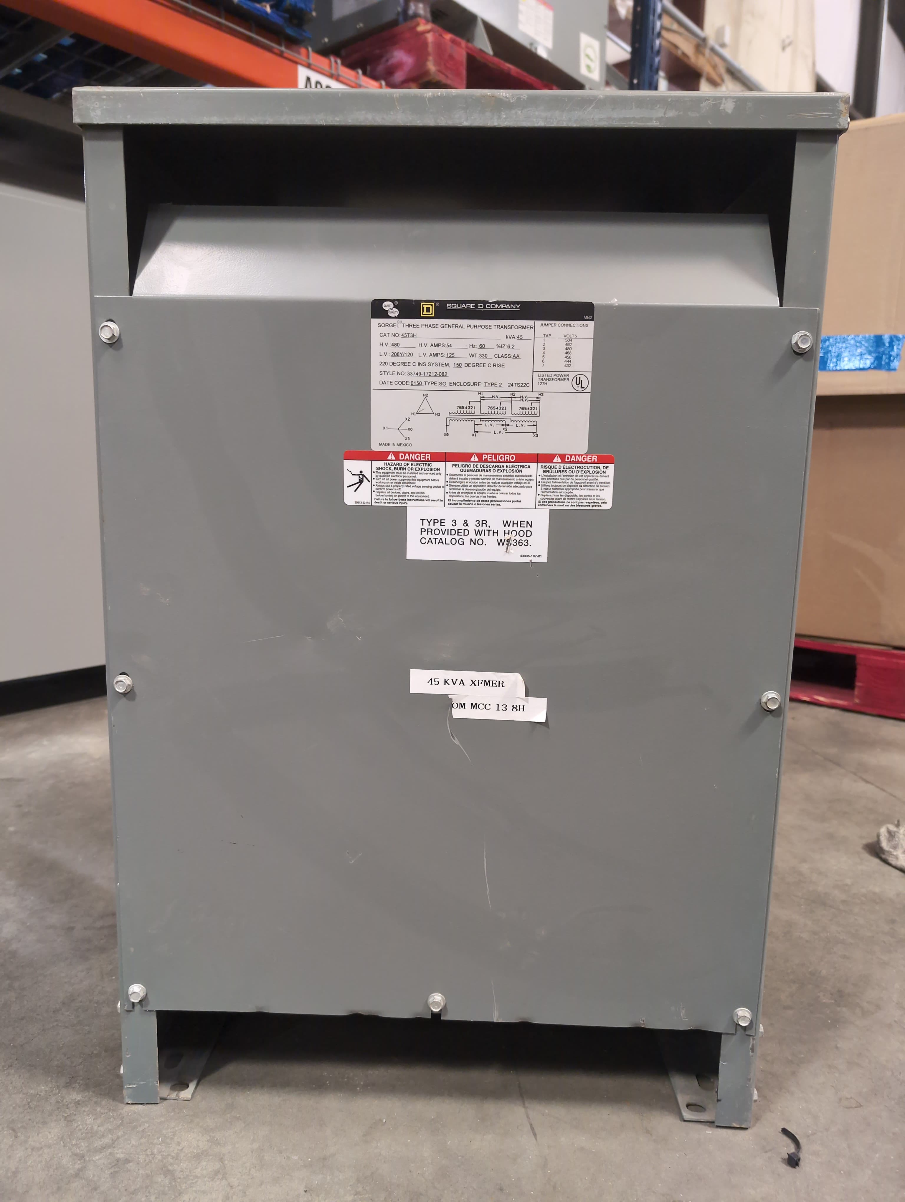 45KVA Square D Transformer 3PH 45T3H Pri 480V Sec 208/120V Indoor Encl 60Hz – image 1