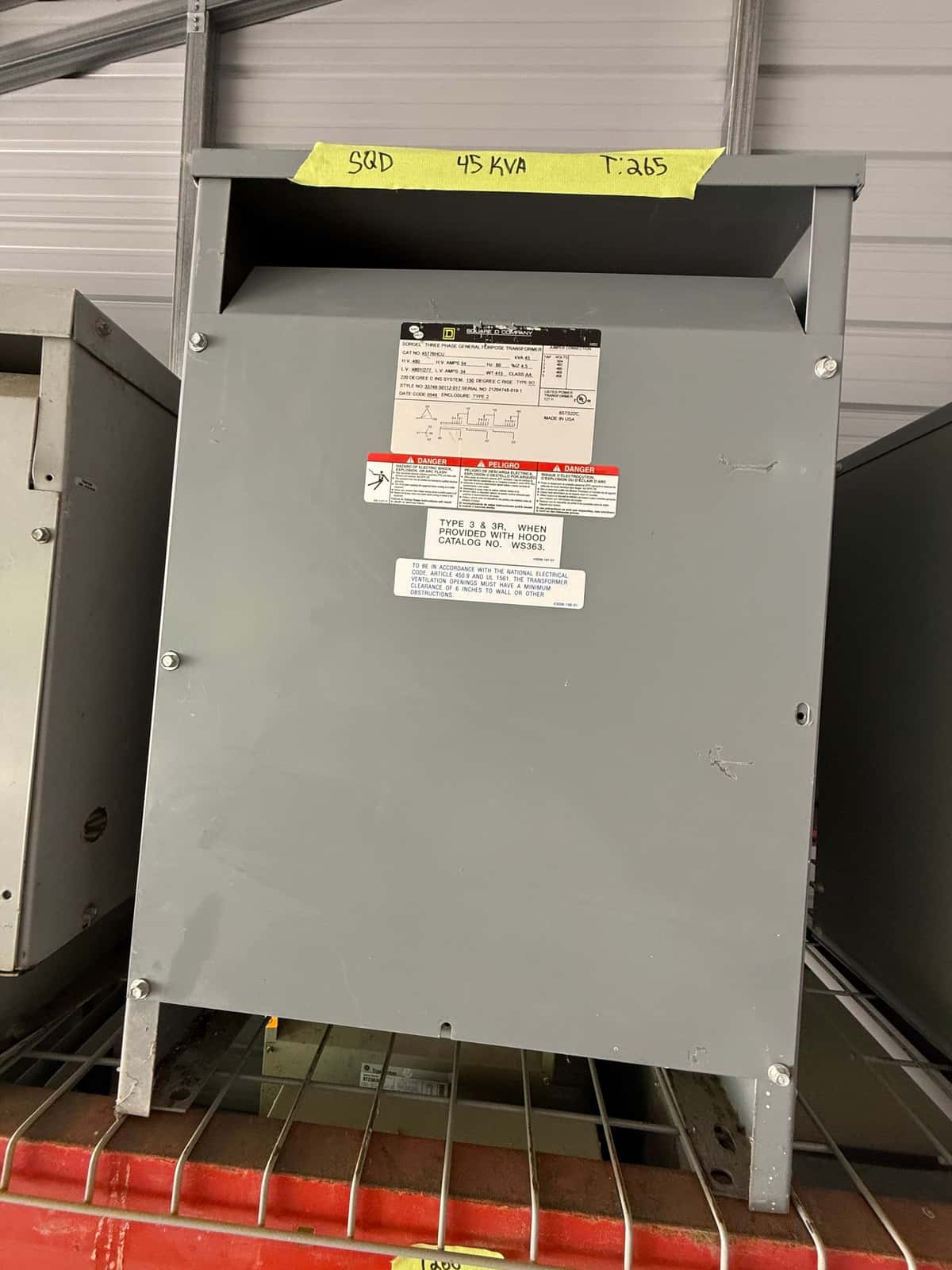 45kVA Square D 45T76HCU Sorgel Transformer Pri 480V Sec 480/277V Indoor T265
