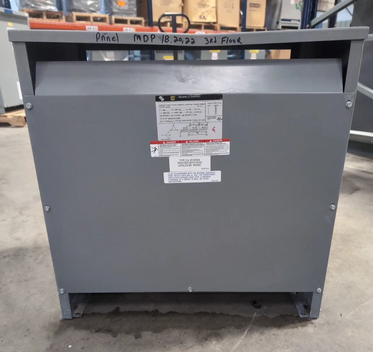 75KVA Square D 75T3H 3PH Transformer Pri 480V Sec 208Y/120V 60Hz Indoor Encl