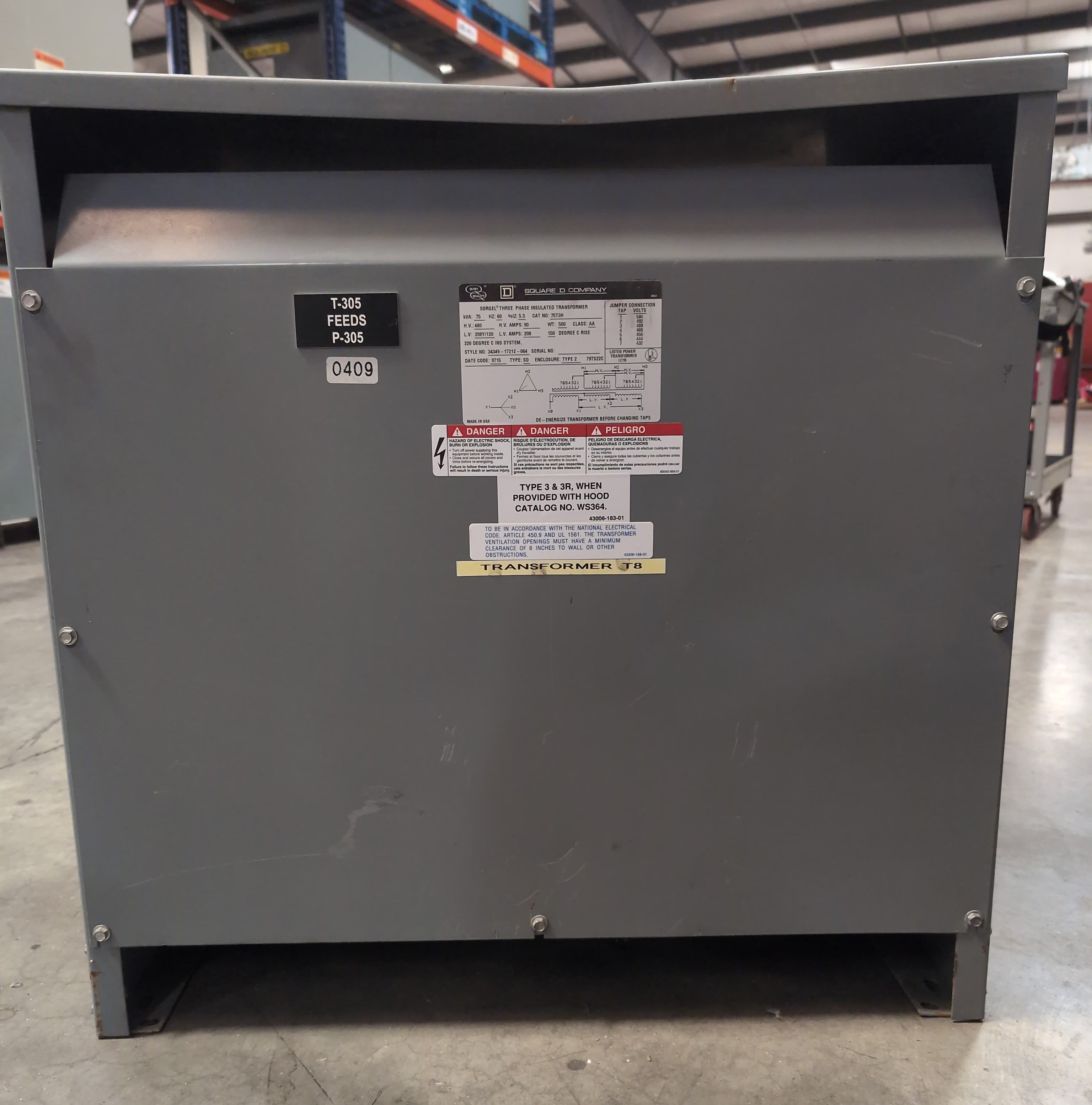 75KVA Square D 75T3H 3PH Transformer Pri 480V Sec 208Y/120V 60Hz Indoor Encl – image 1