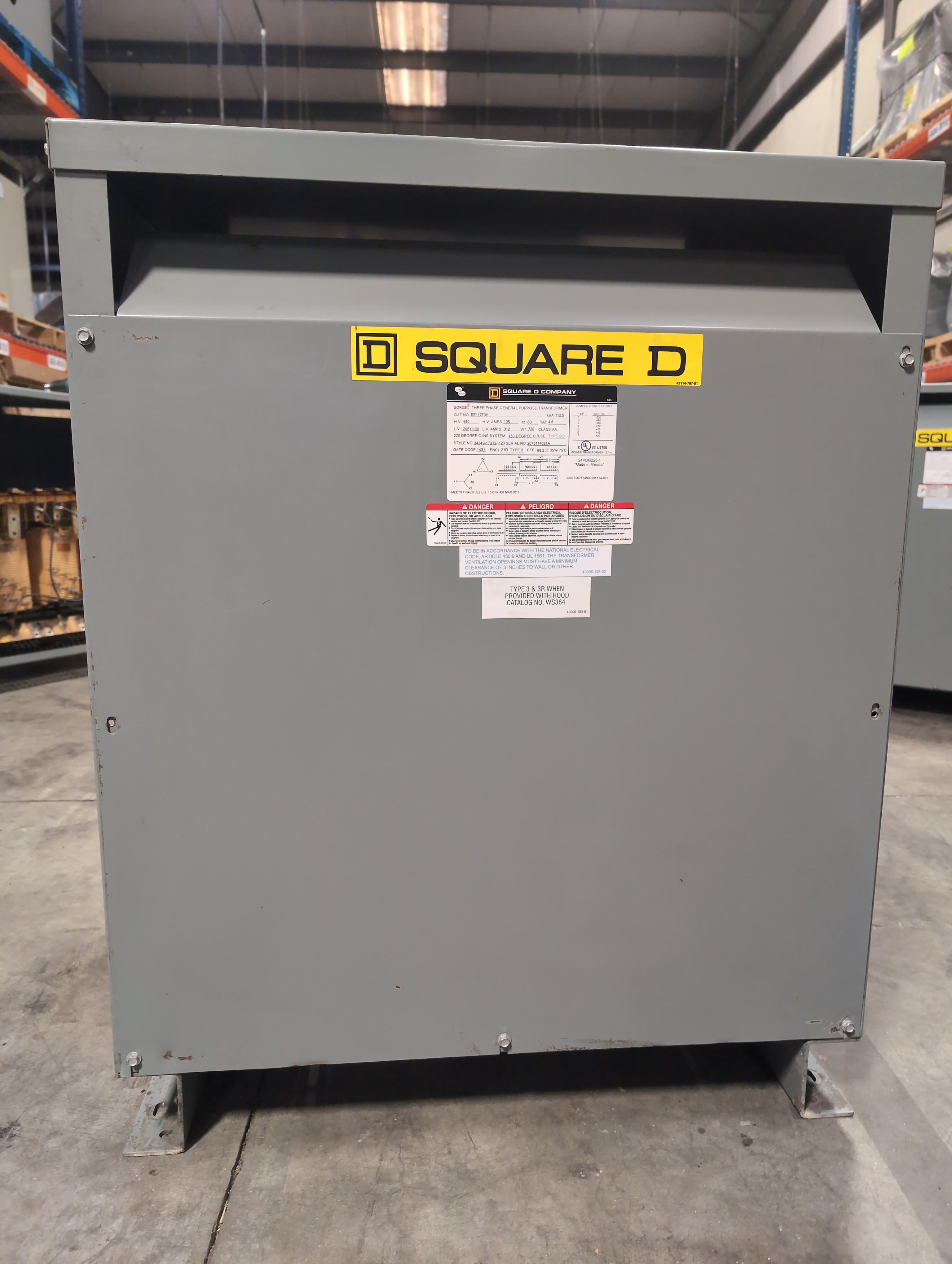 112.5KVA Square D EE112T3H 3PH Pri 480V Sec 208/120V Transformer Indoor Encl – image 1