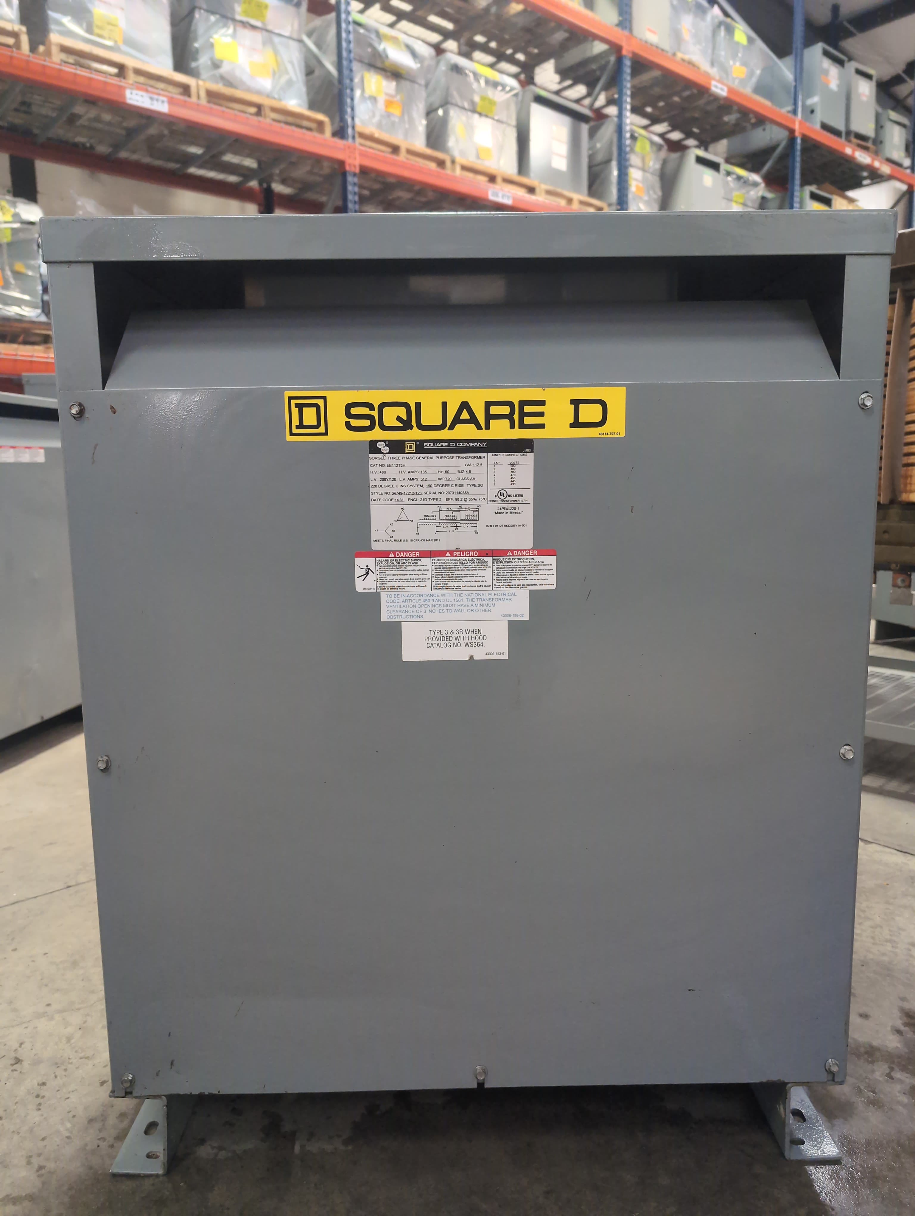 112.5KVA Square D EE112T3H Pri 480V Sec 208/120V Transformer Indoor Encl 3PH