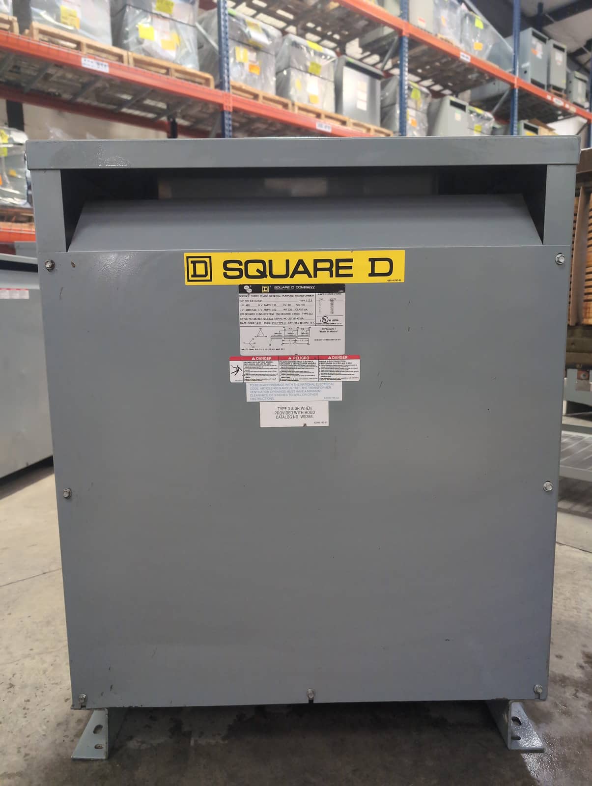 112.5KVA Square D EE112T3H Pri 480V Sec 208/120V Transformer Indoor Encl 3PH
