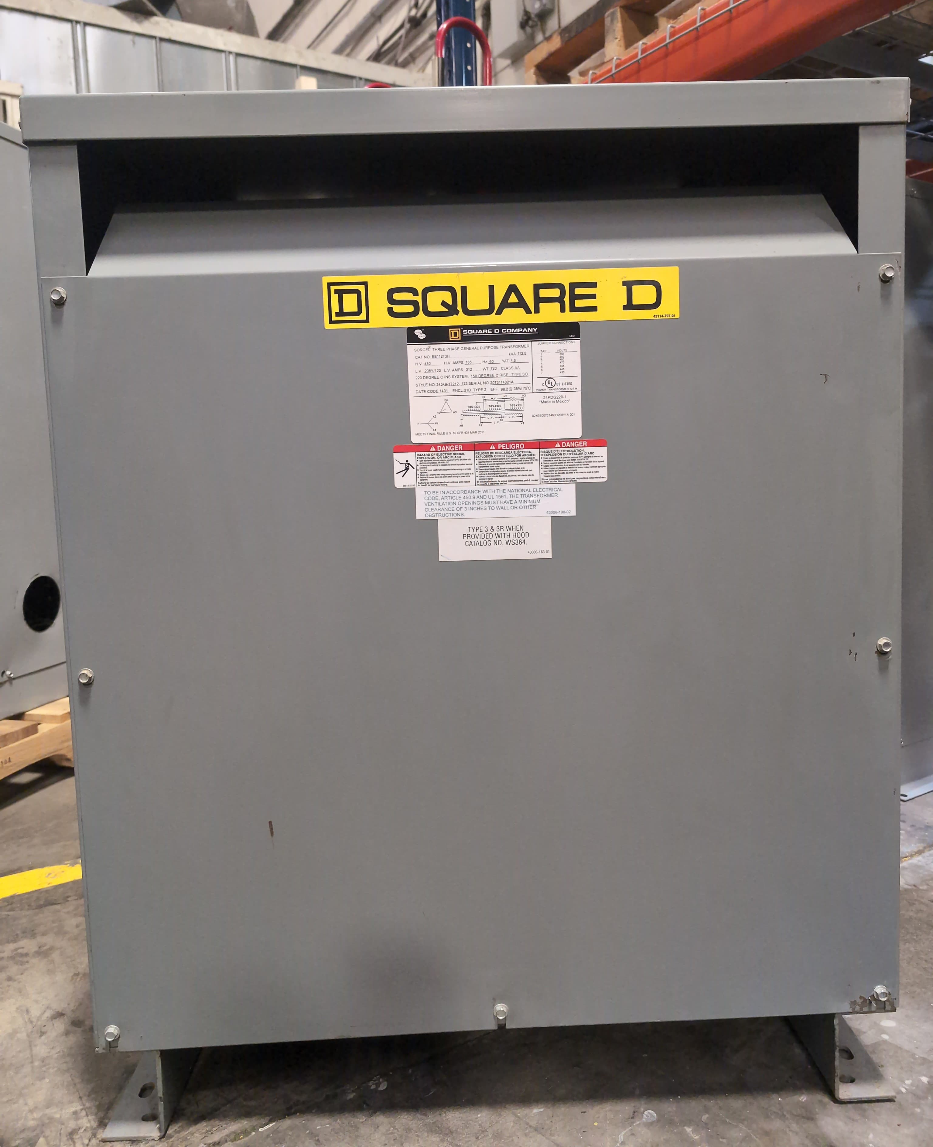 112.5KVA Square D EE112T3H Pri 480V Sec 208/120V Transformer 3PH Indoor Encl – image 1