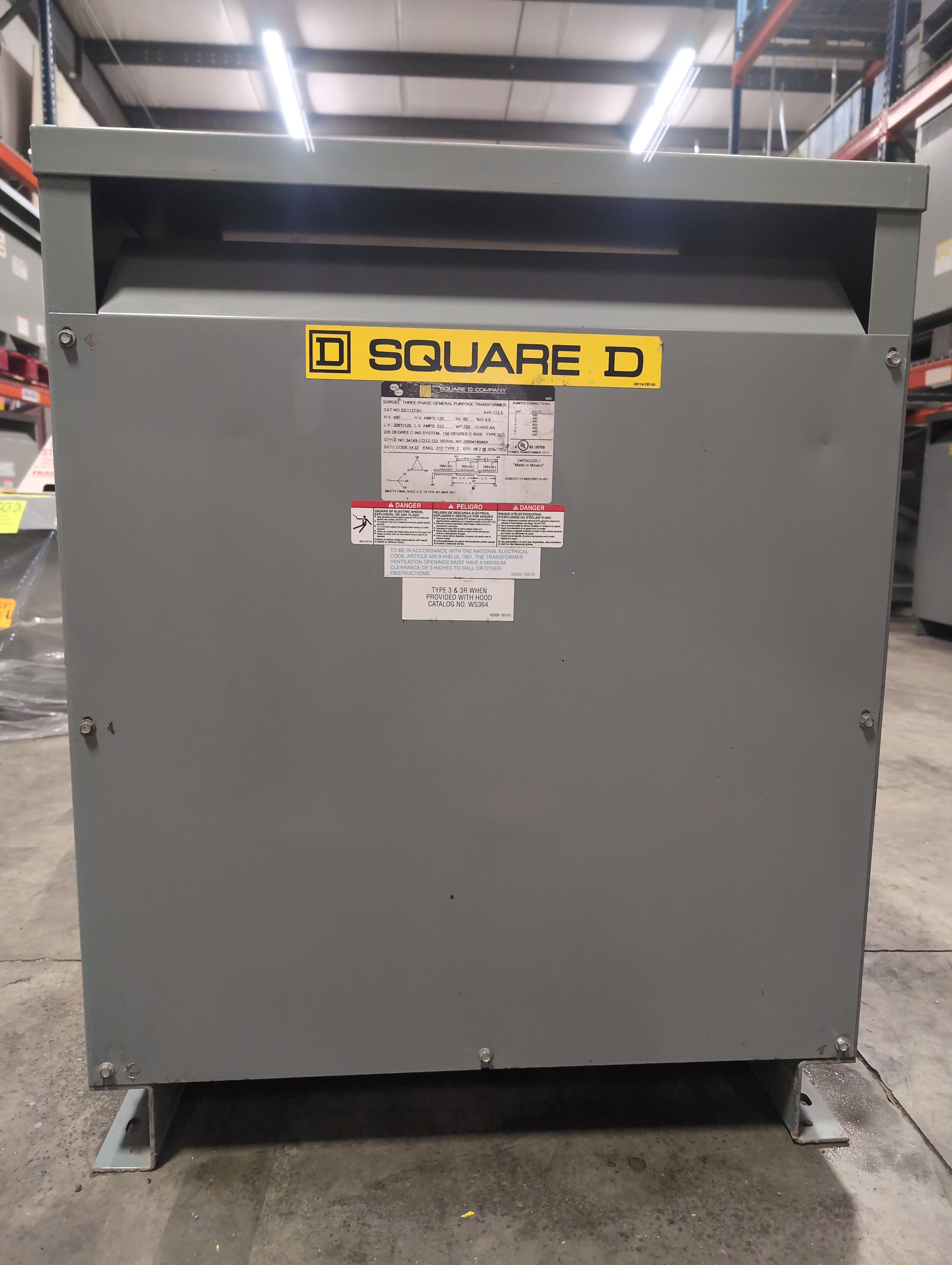 112.5KVA Square D EE112T3H Sorgel Transformer Pri 480V Sec 208/120V 3PH Indoor – image 1