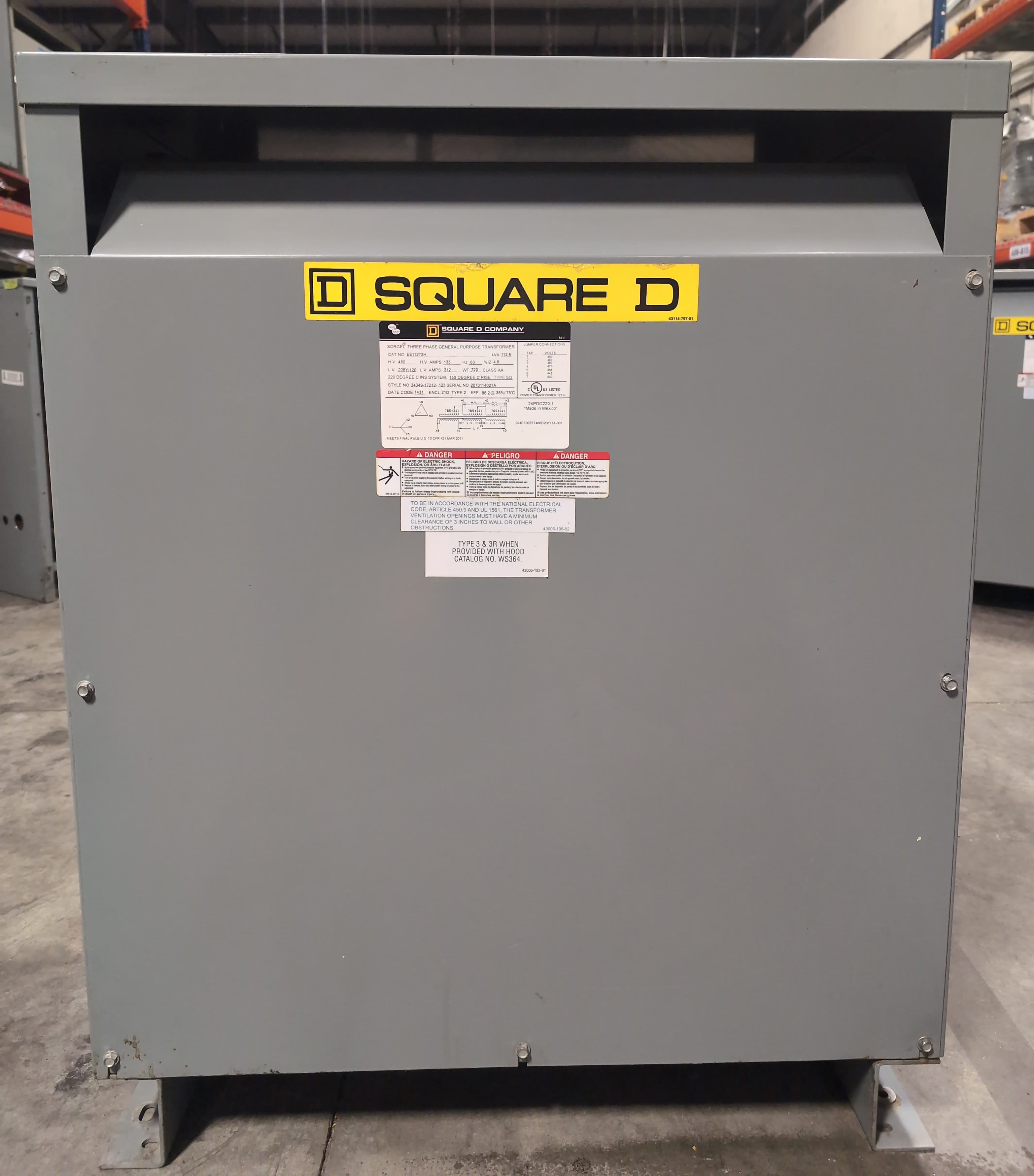 112.5 KVA Square D EE112T3H Sorgel Transformer Pri 480V Sec 208/120V 3PH Indoor – image 1