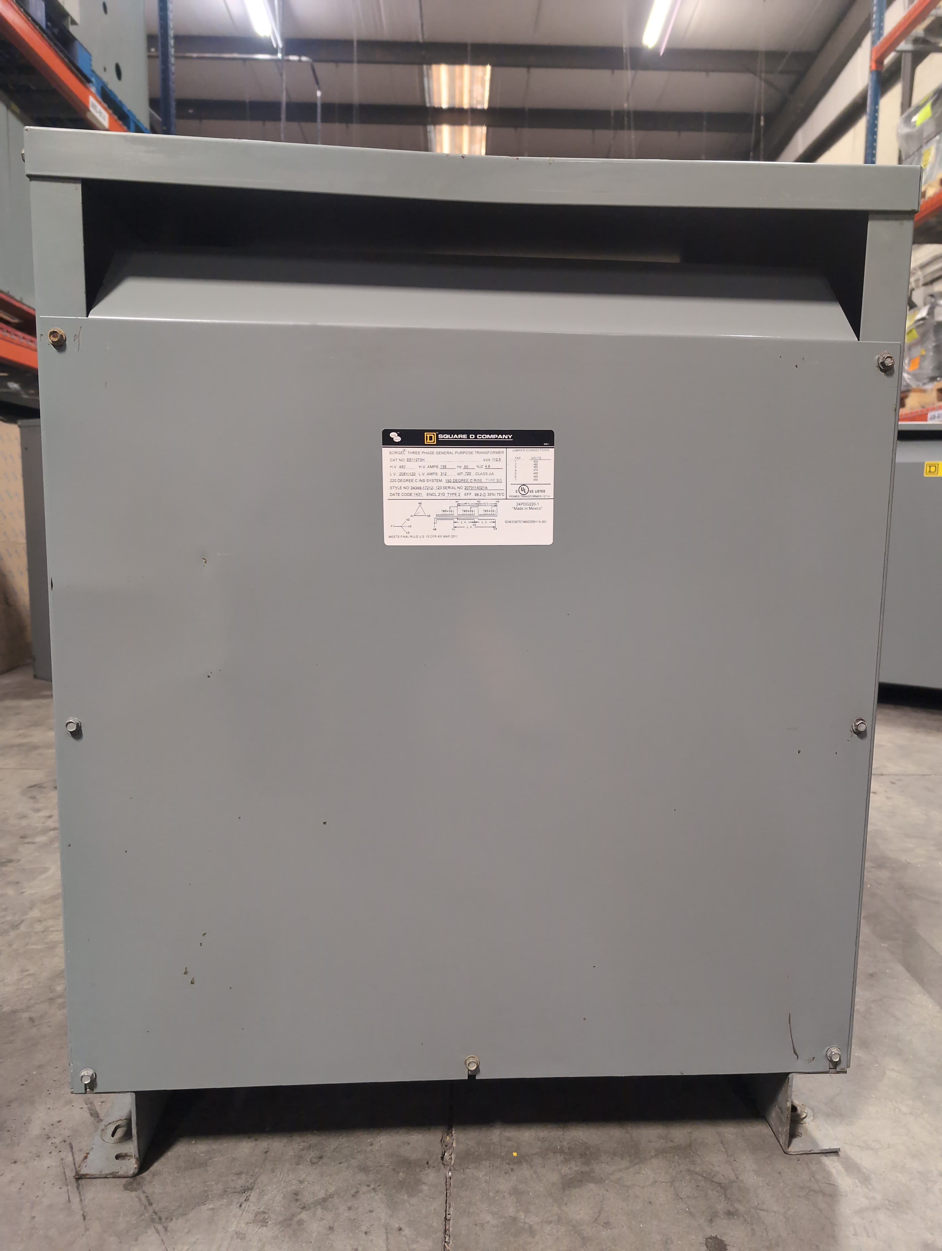 112.5 KVA Square D EE112T3H Sorgel Transformer Pri 480V Sec 208/120V 3PH Indoor – image 1