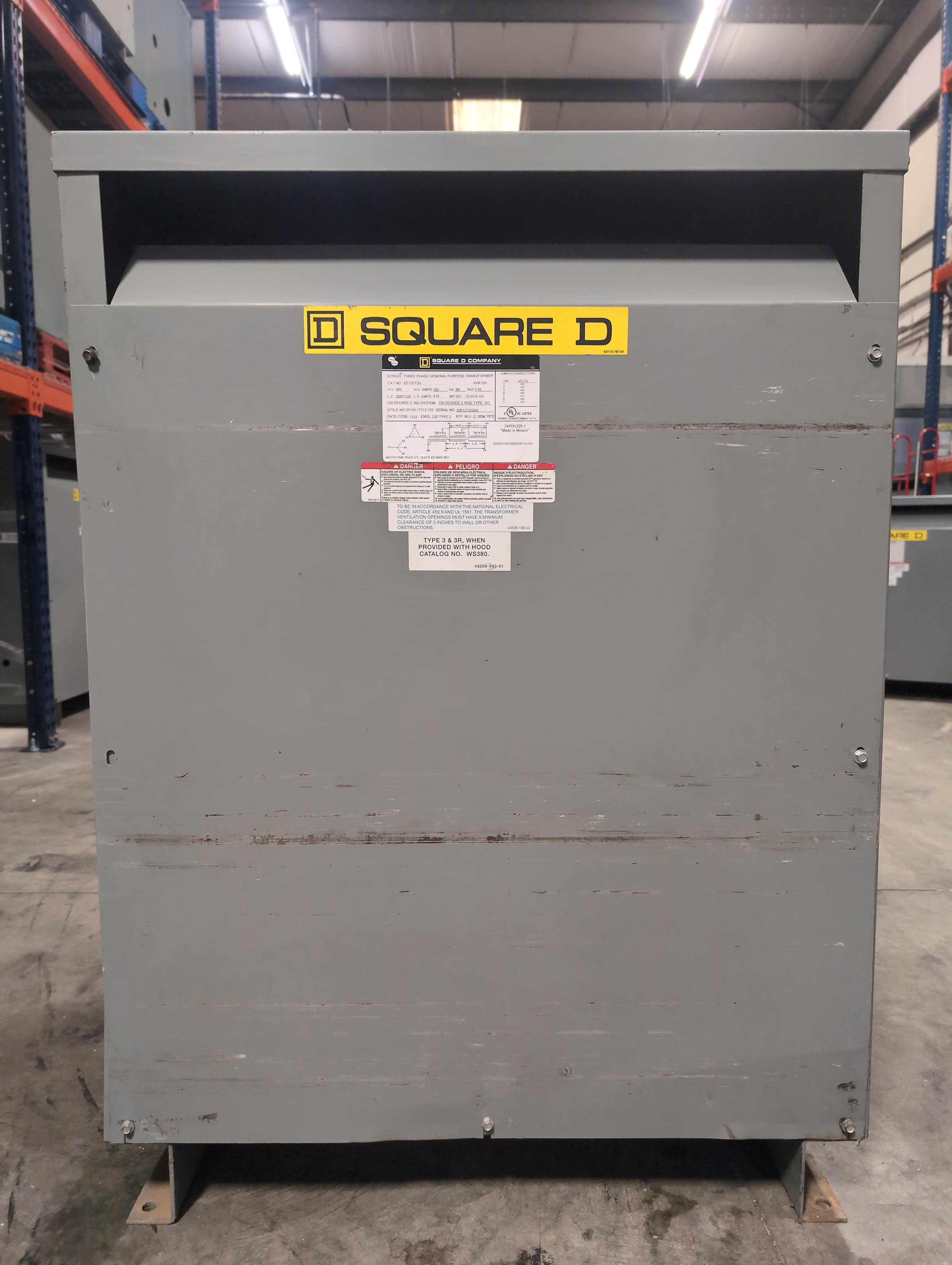 150KVA Square D Transformer EE150T3H 3PH Pri 480V Sec 208/120V 60Hz Indoor – image 1