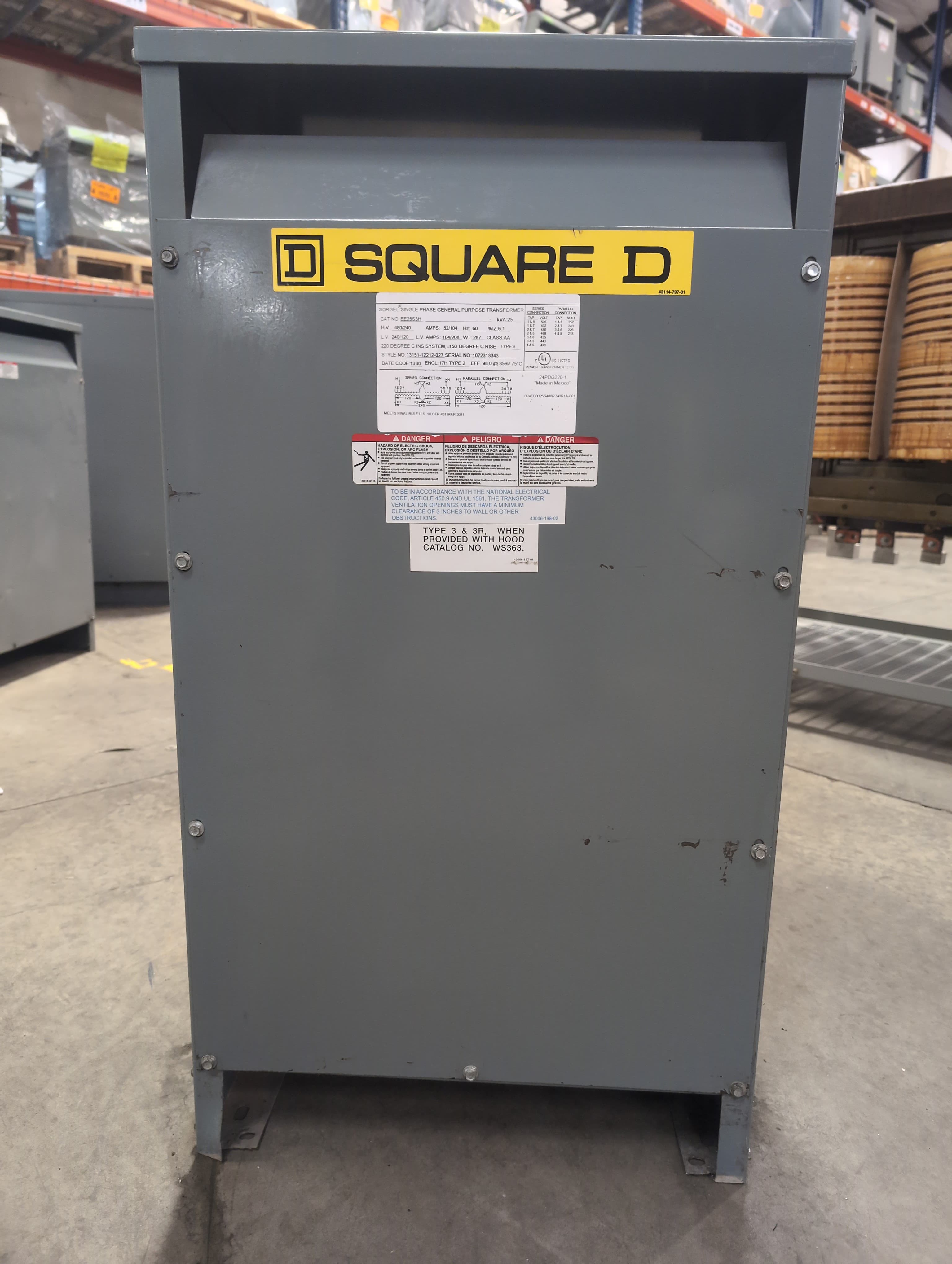 25kVA Square D EE25S3H 1PH Transformer Pri 480/240V Sec 240/120V Indoor Encl – image 1