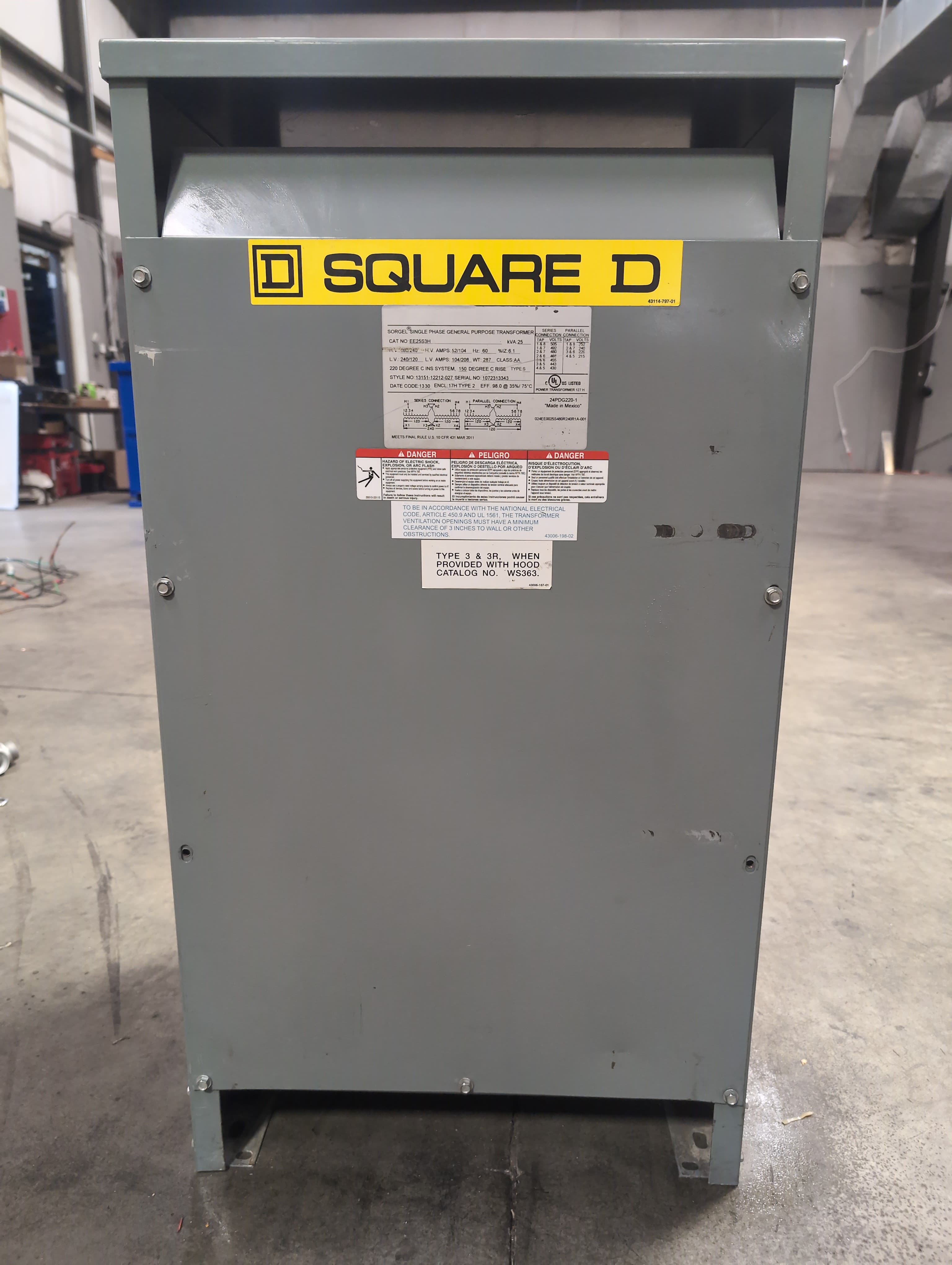 25kVA Square D EE25S3H 1PH Transformer Pri 480/240V Sec 240/120V Indoor Encl – image 1