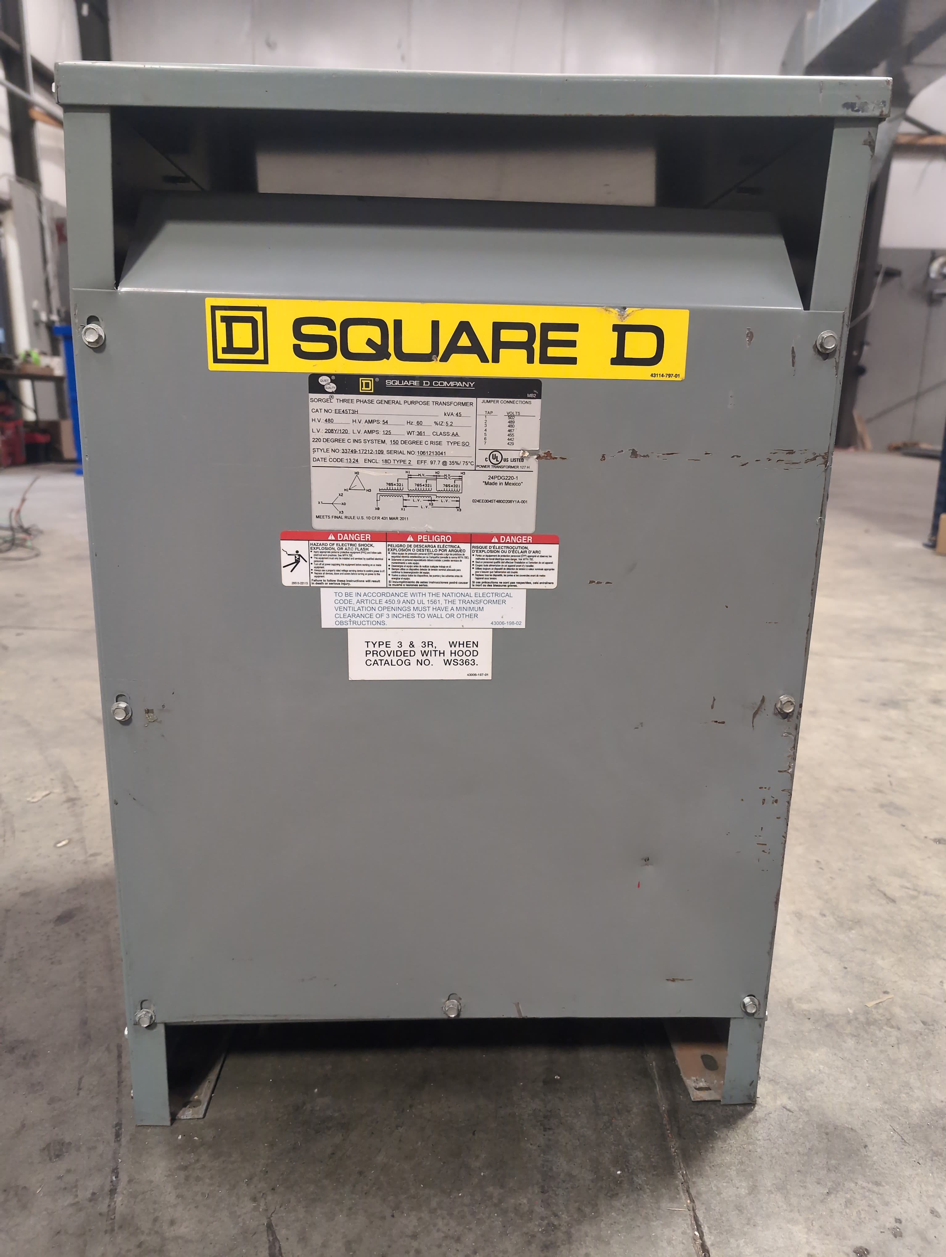 45 KVA Square D Transformer EE45T3H Pri 480V Sec 208/120V 3PH Indoor Encl 60Hz