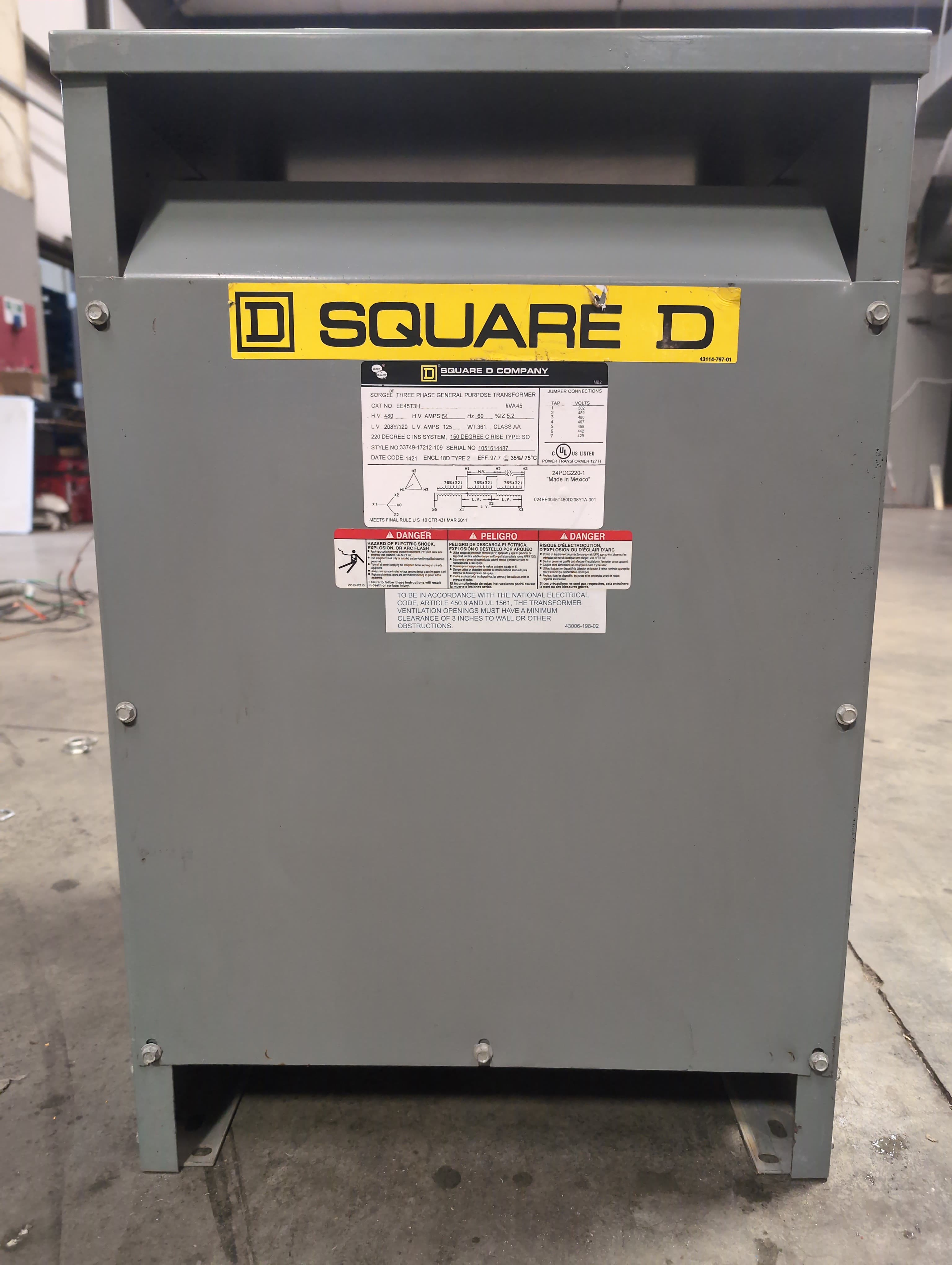 45 KVA Square D Transformer EE45T3H Pri 480V Sec 208/120V 3PH Indoor Encl 60Hz – image 1