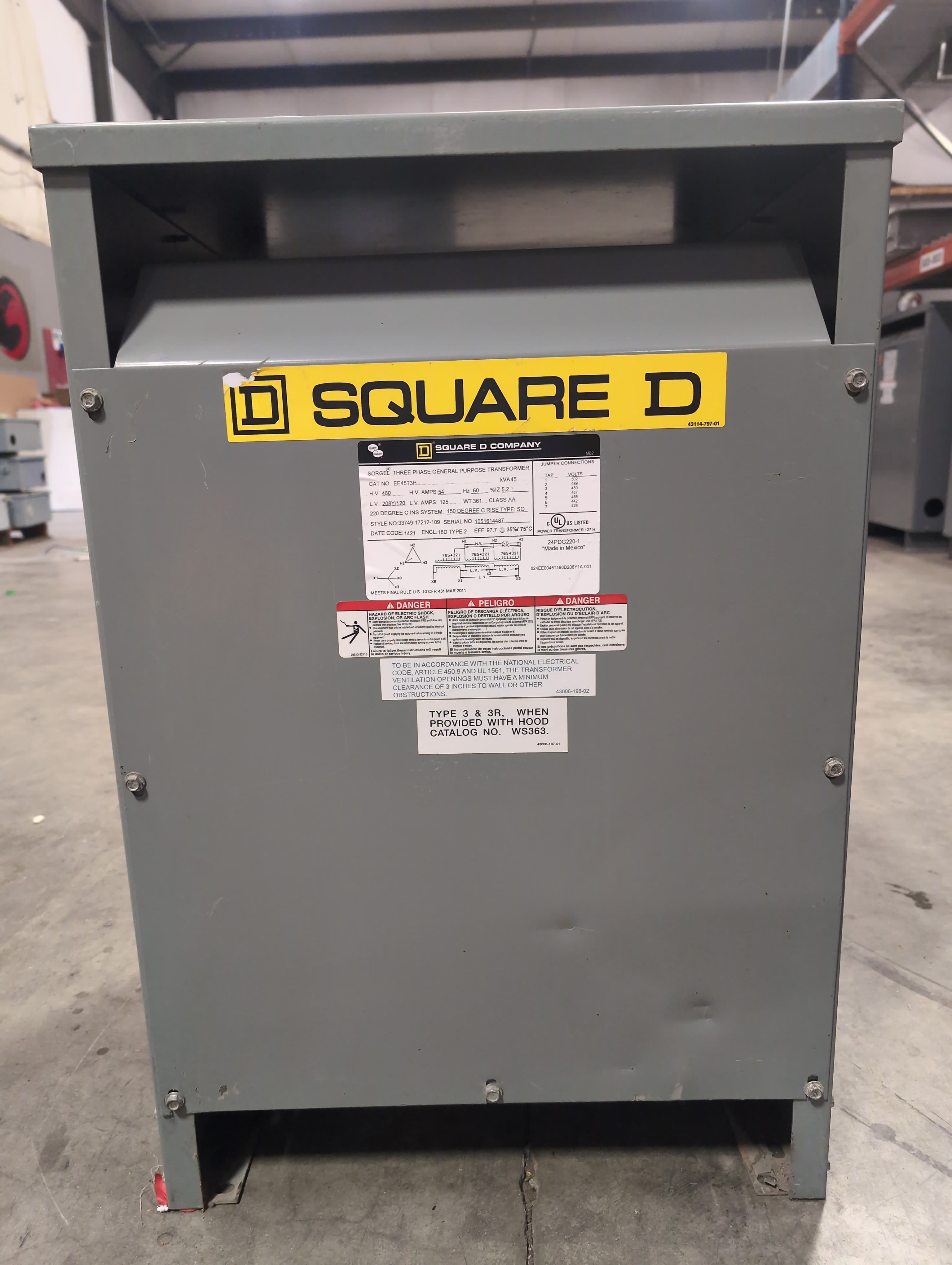 45 KVA Square D Transformer EE45T3H Pri 480V Sec 208/120V 3PH Indoor Encl 60Hz – image 1