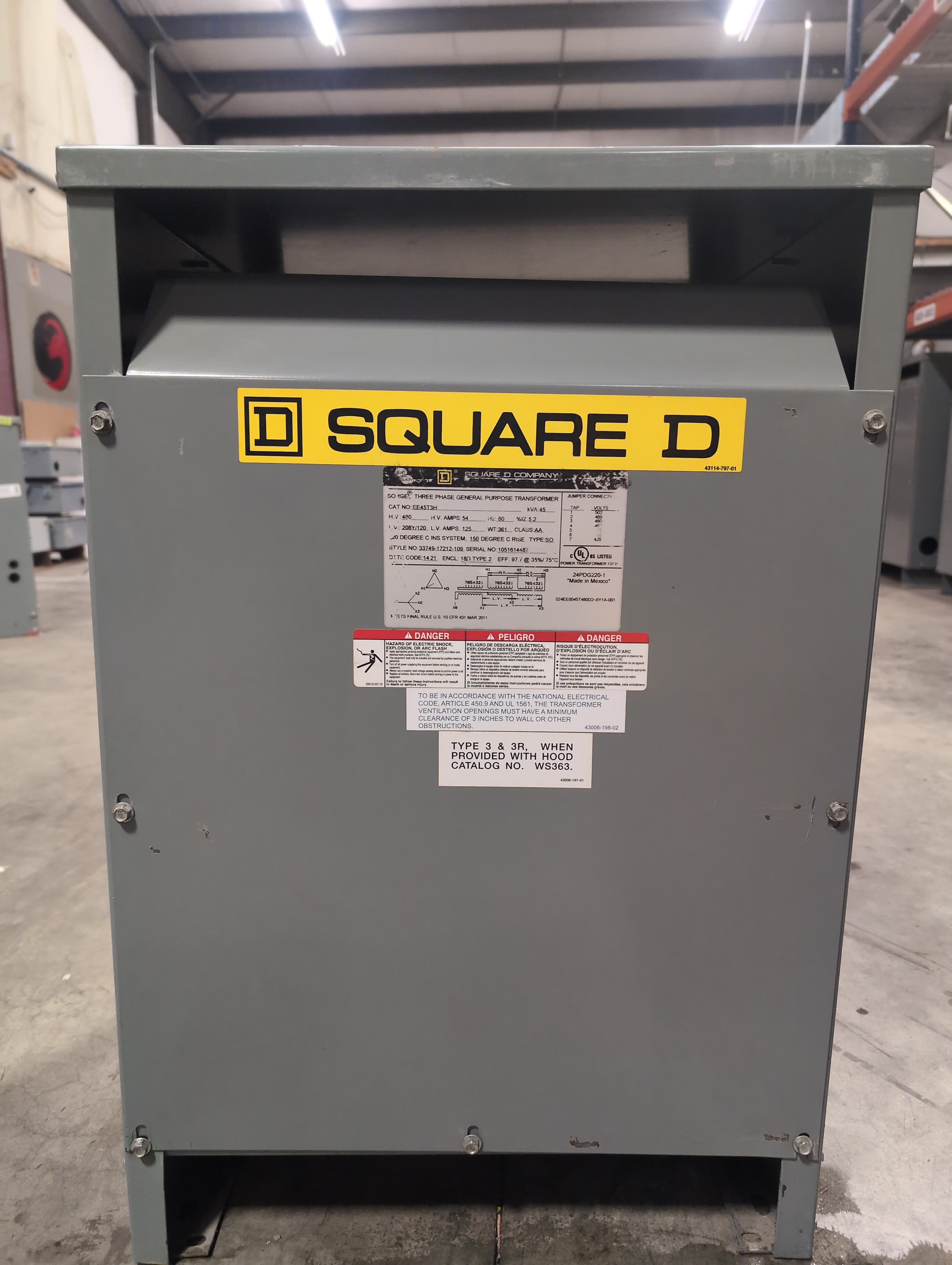 45 KVA Square D Transformer EE45T3H Pri 480V Sec 208/120V 3PH Indoor Encl 60Hz – image 1