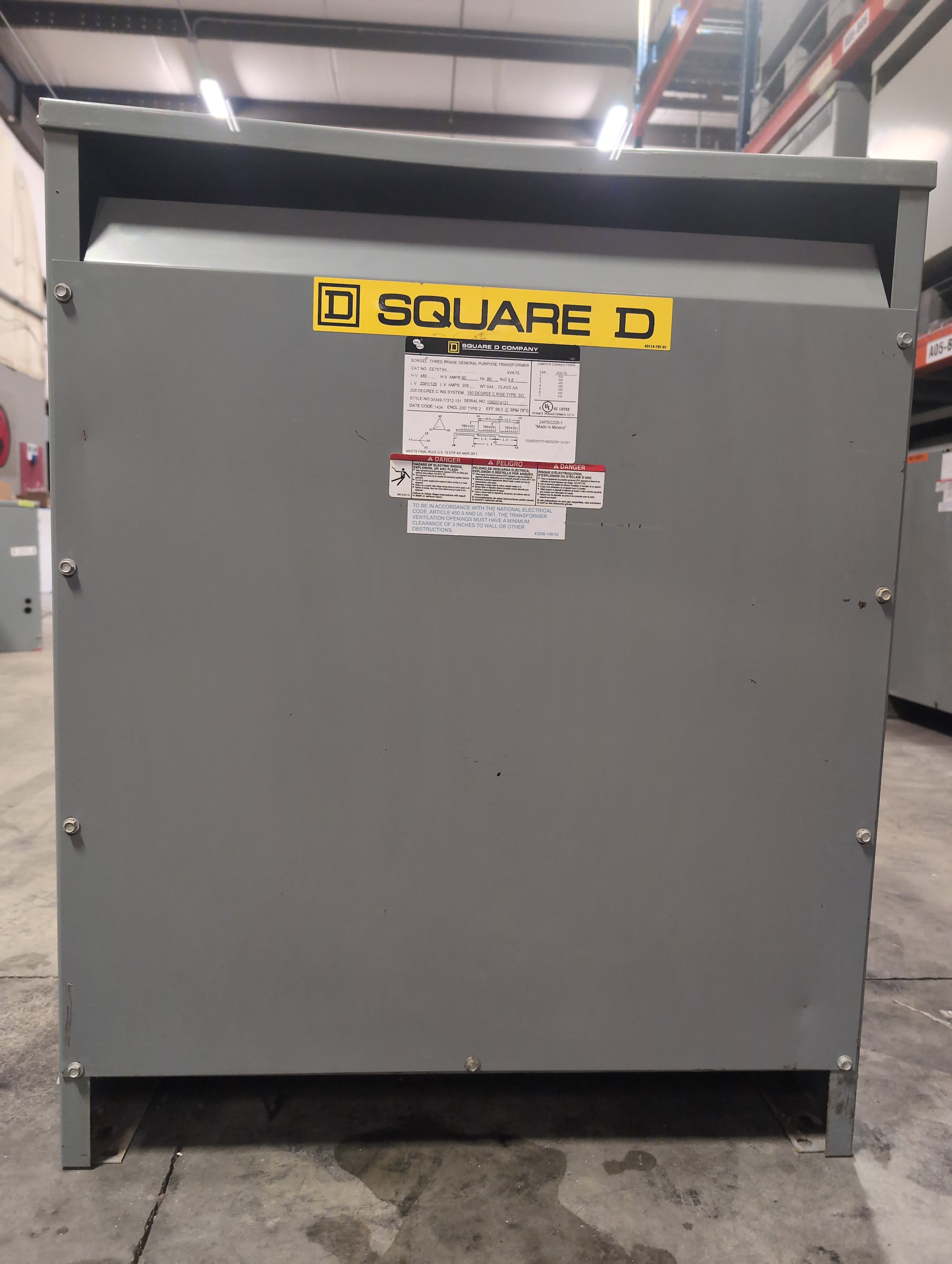 75KVA Square D EE75T3H Transformer Pri 480V Sec 208Y/120V 60Hz Indoor Encl 3PH – image 1