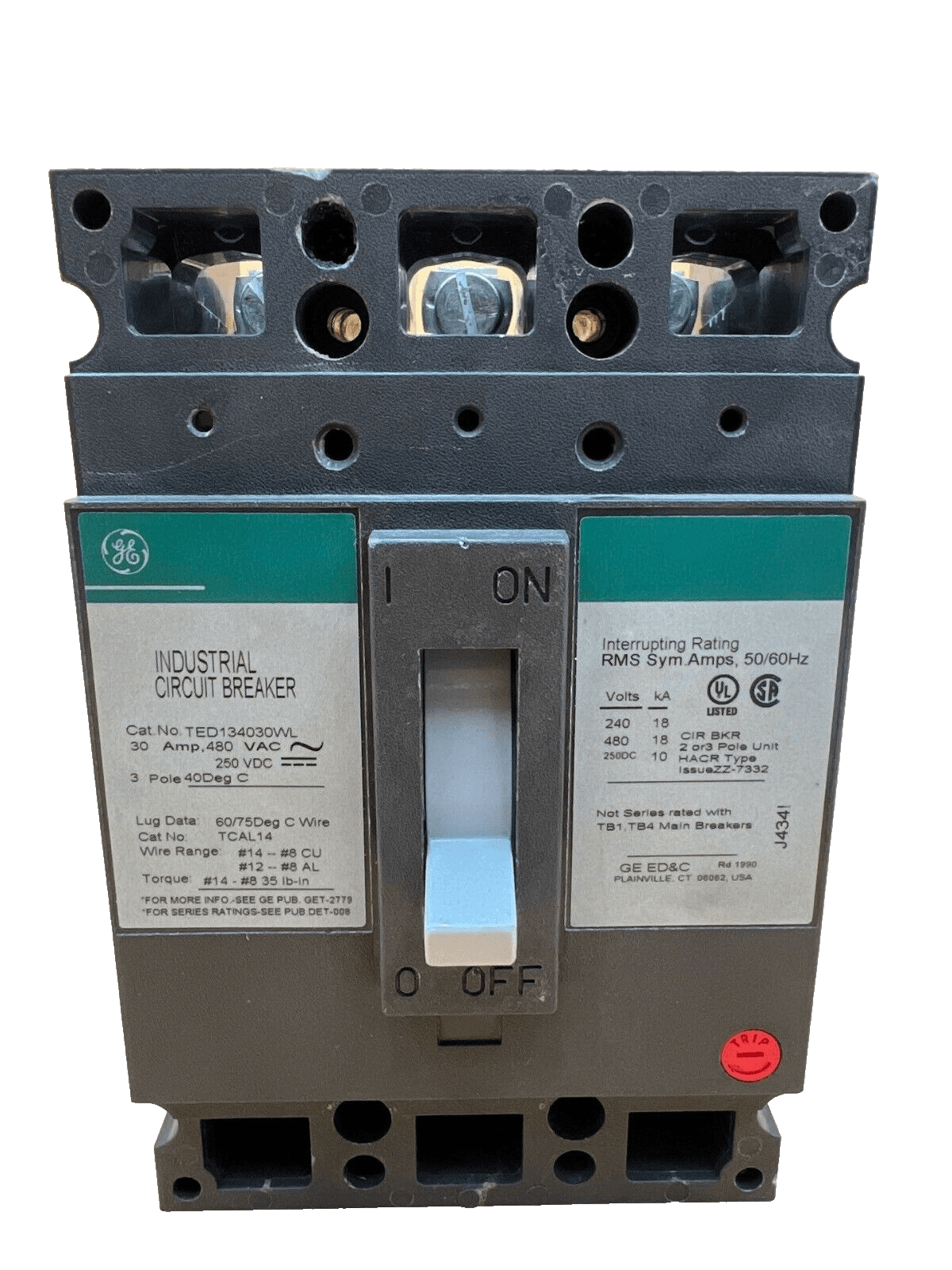 General Electric TED134030WL Circuit Breaker 30A 3P 480V 3PH 3 pole 30 Amp – image 1