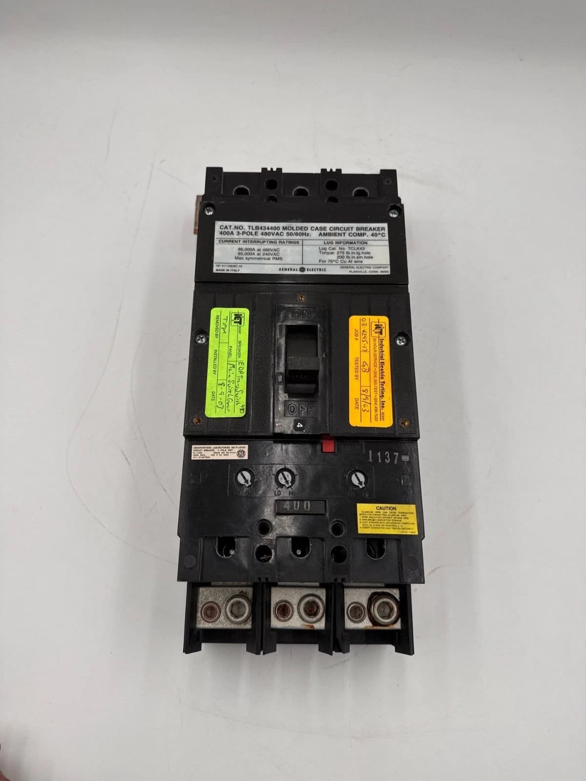GE TLB434400 Circuit Breaker 400A 3P 480V 3PH TLB 400 Amp 3 Pole TCLK43 Lug Kit – image 1