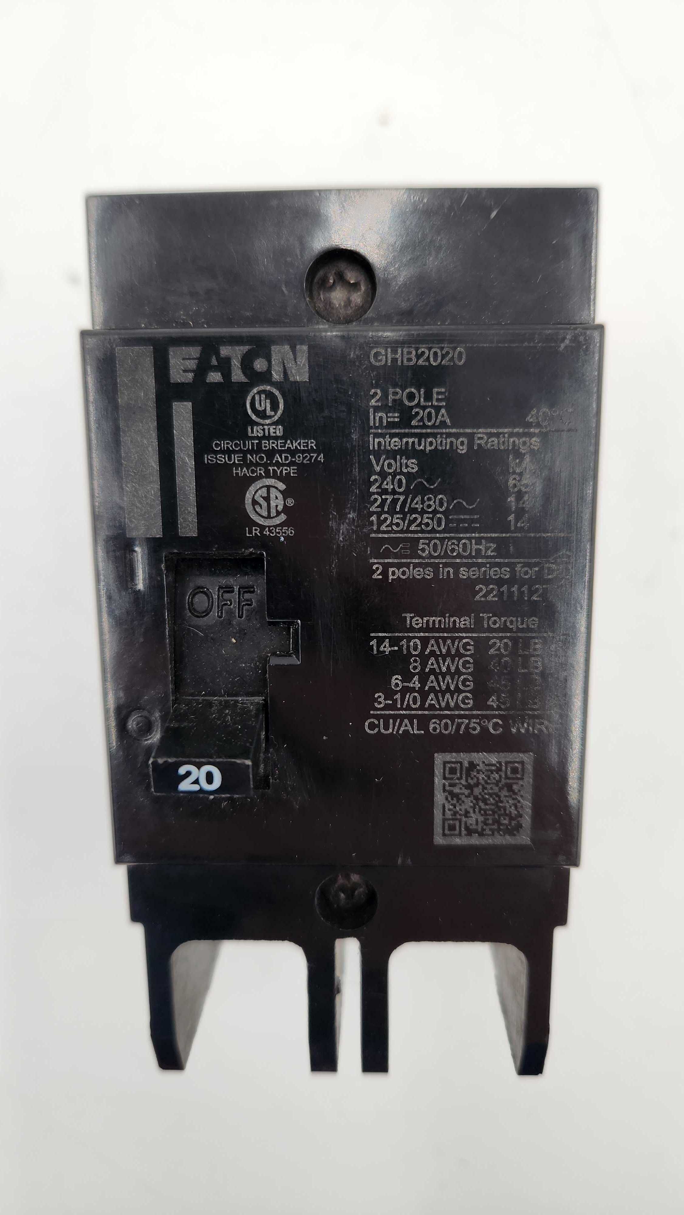Eaton GHB2020 Circuit Breaker 20A 240V 2 Pole