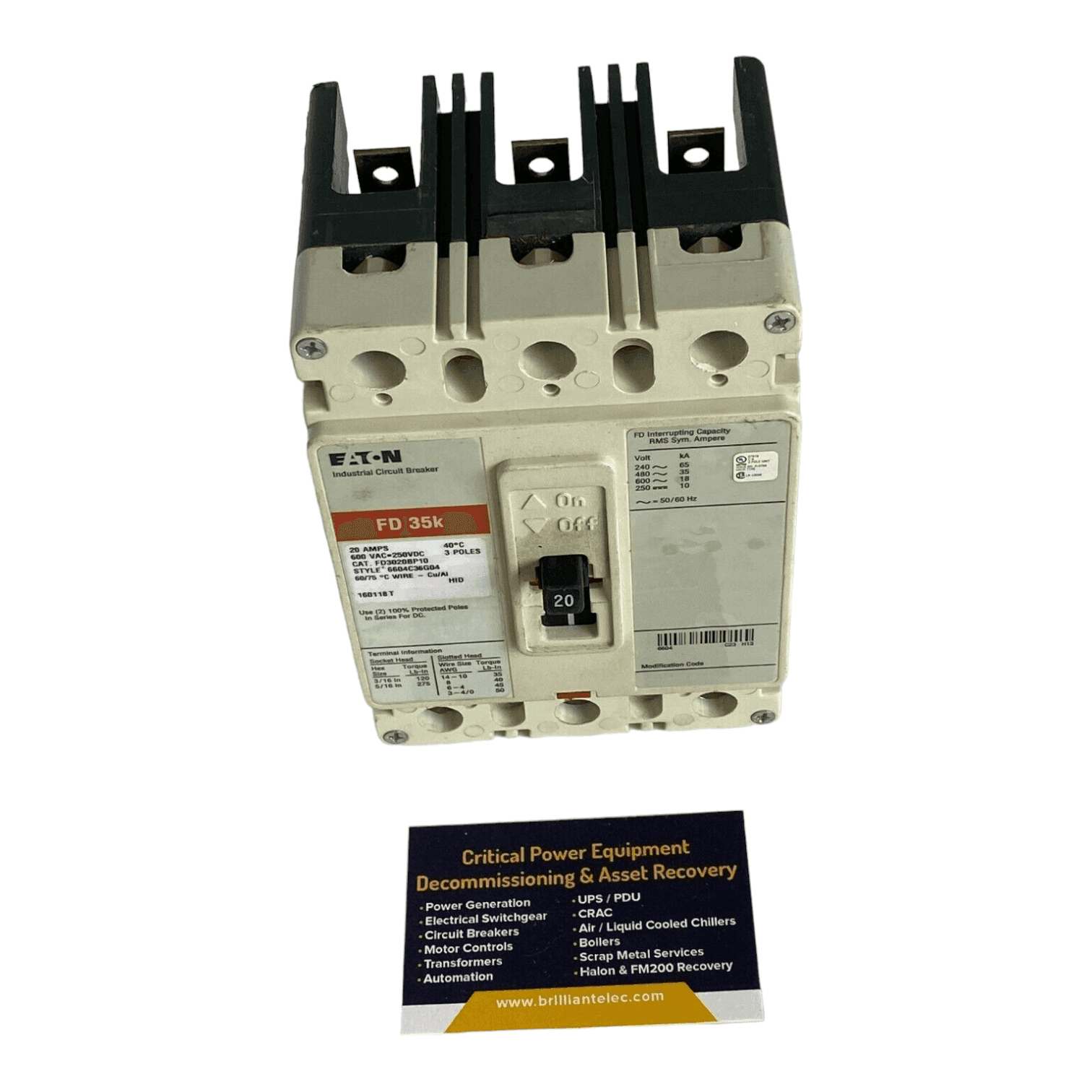 Cutler Hammer FD3020 Circuit Breaker 20A 3P 600V 3PH FD 25k 20 Amp 3 Pole
