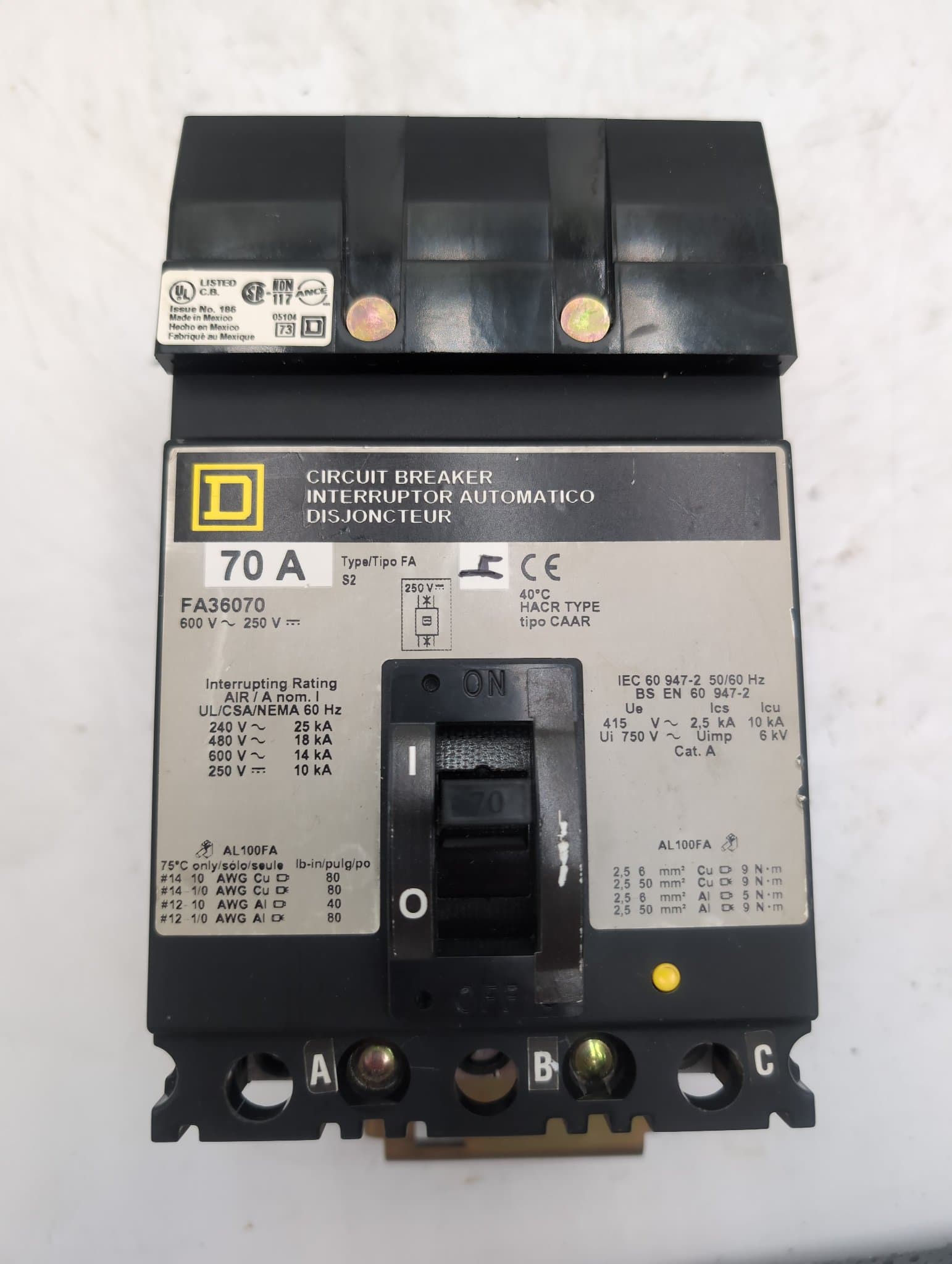 Square D FA36070 Circuit Breaker 70A 600V 3P Used – image 1