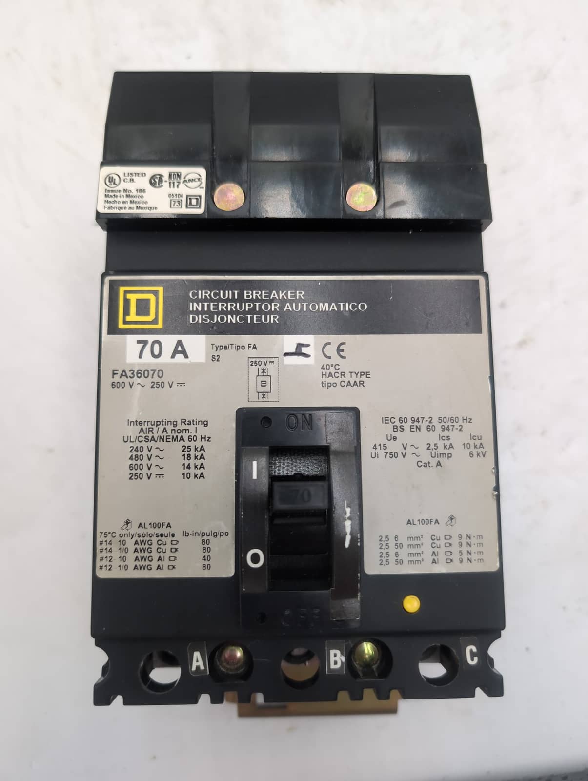 Square D FA36070 Circuit Breaker 70A 600V 3P Used
