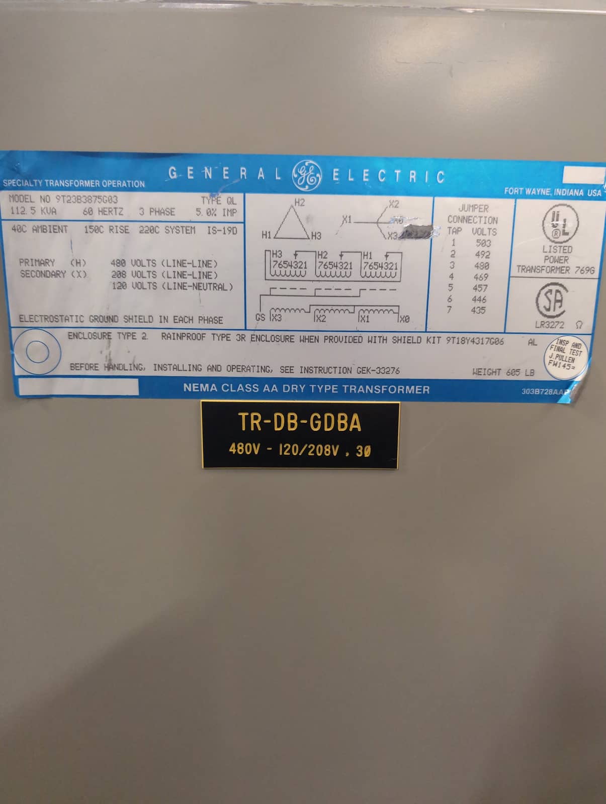 GE 9T23B3875G03 Dry Type Transformer 112.5kVA 480V-208/120V Indoor