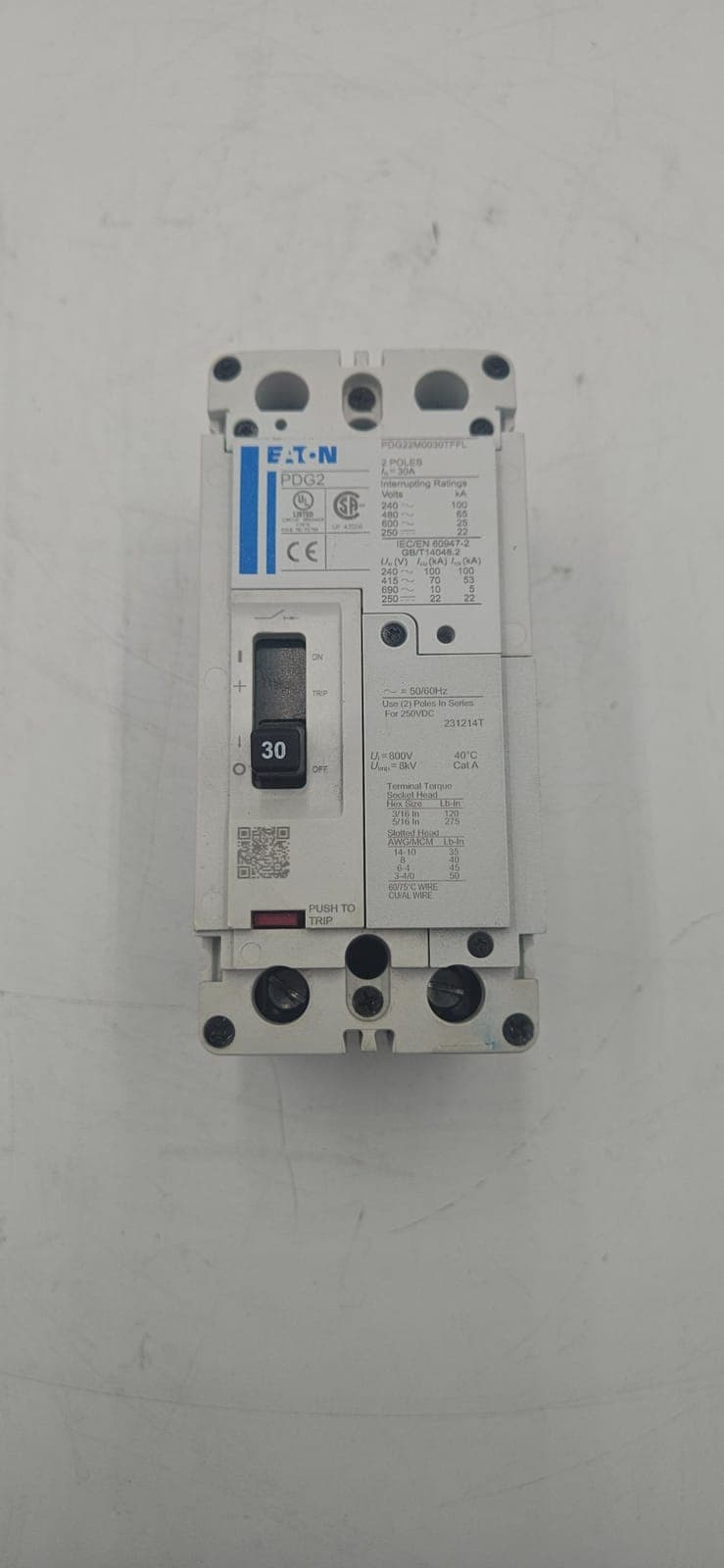 Eaton PDG22M0030TFFL Circuit Breaker 30A 2P 600V
