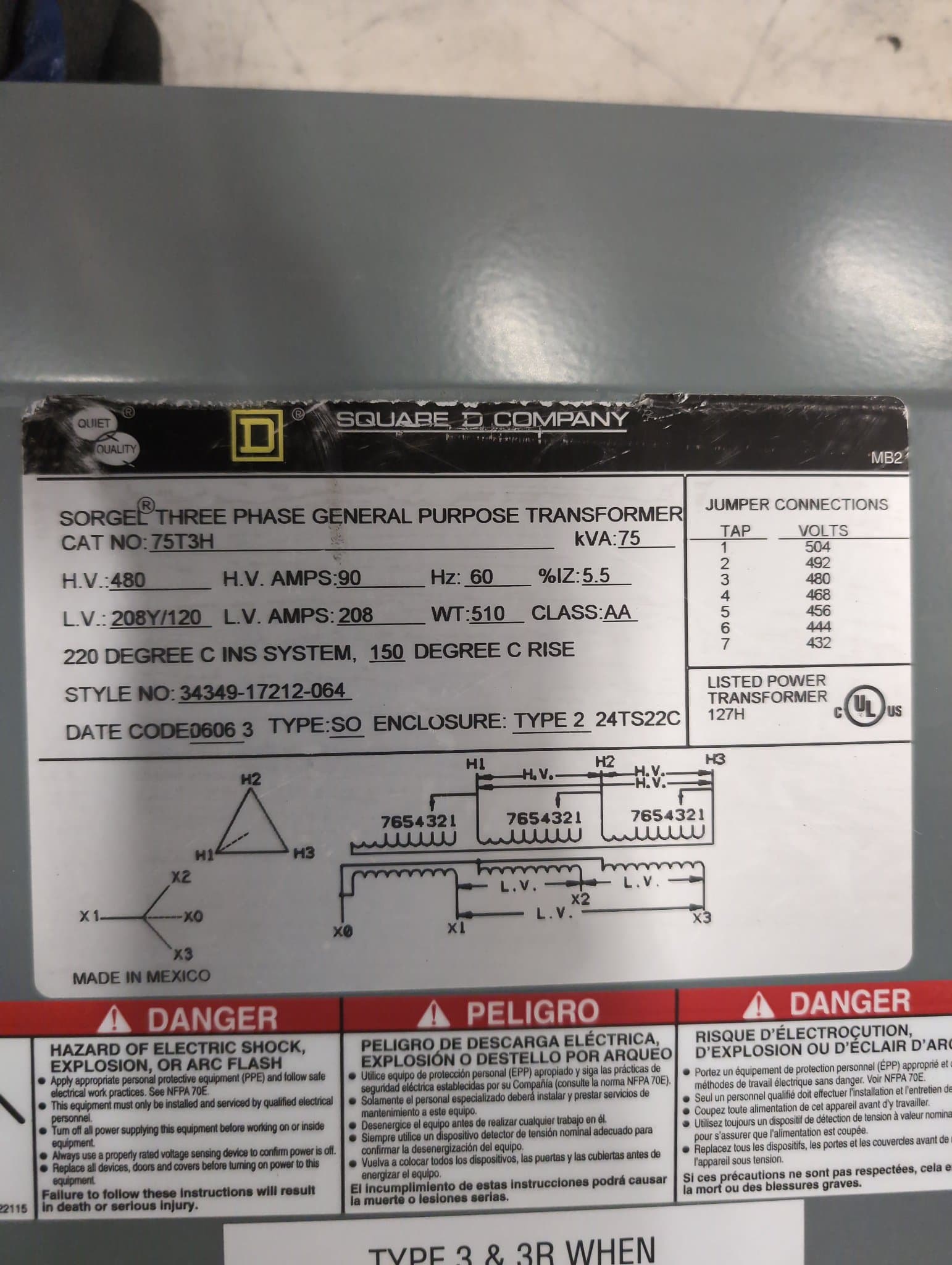 Square D 75T3H Dry Type Transformer 75kVA 480V-208Y/120V Indoor – image 1