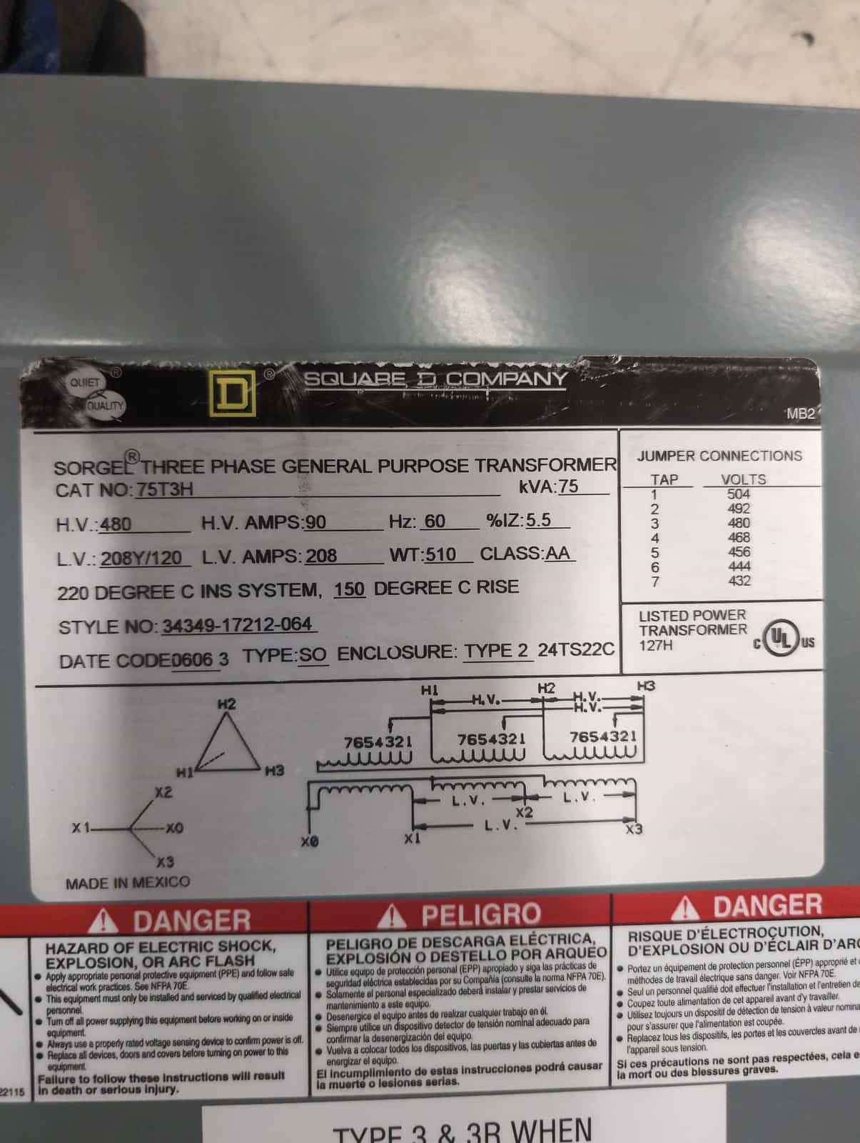 Square D 75T3H Dry Type Transformer 75kVA 480V-208Y/120V Indoor