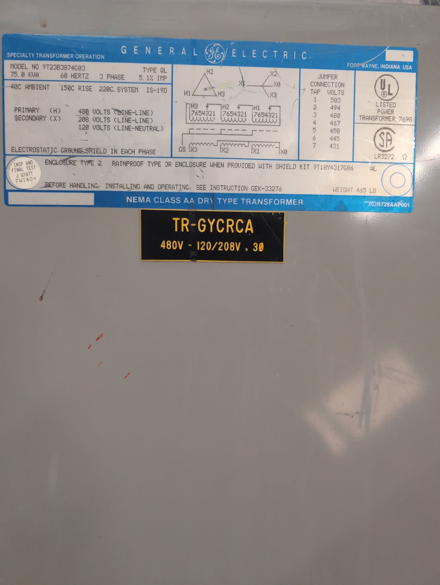 GE 9T23B3874G03 Dry Type Transformer 75kVA 480V-208/120V Indoor – image 1