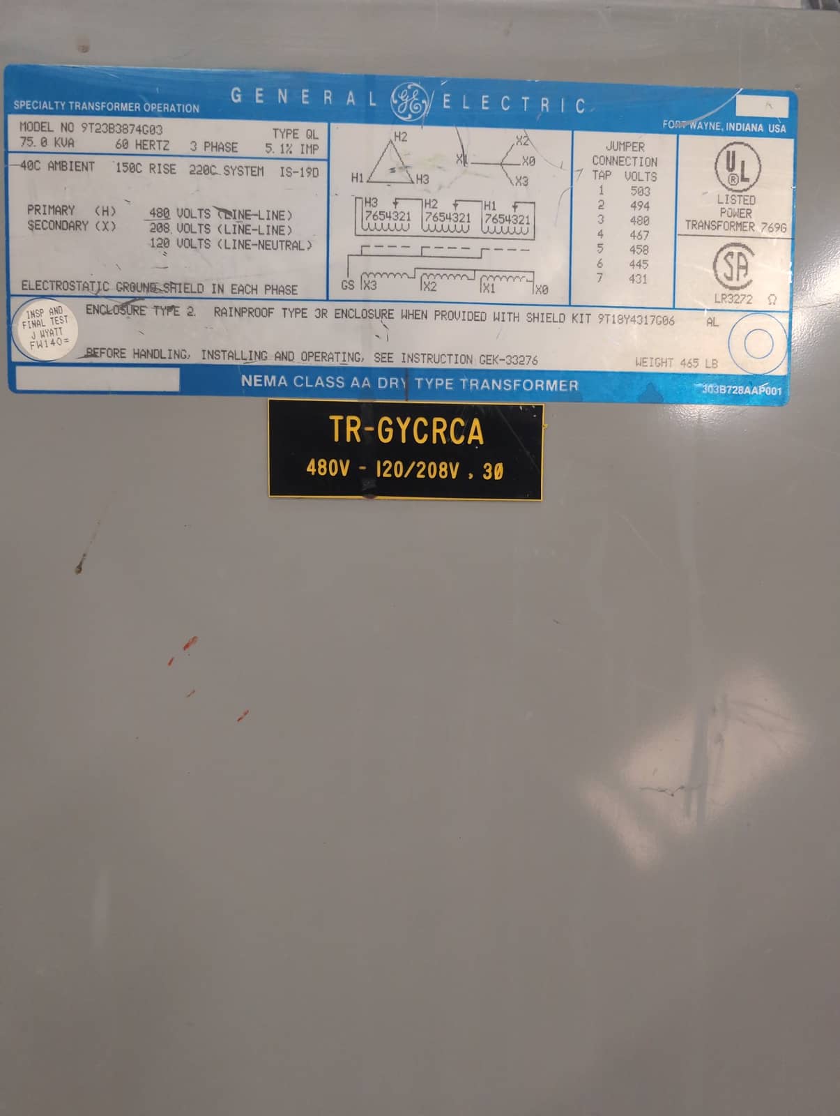 GE 9T23B3874G03 Dry Type Transformer 75kVA 480V-208/120V Indoor