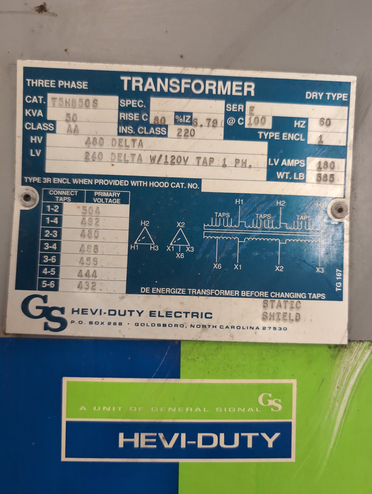 General Signal T5HB50S Indoor Dry Type Transformer 50kVA 480V-240/120V – image 1