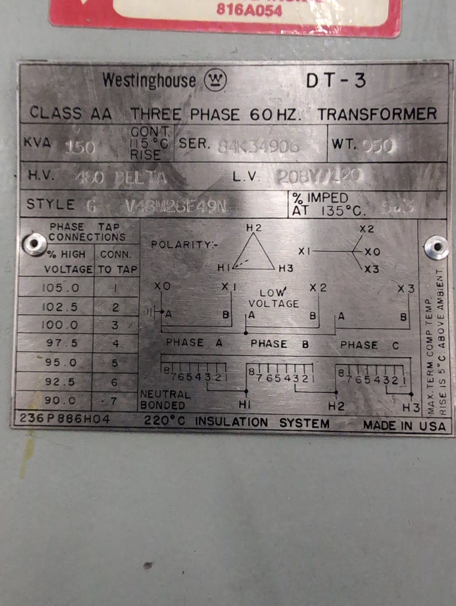 Westinghouse V48M28F49N 150kVA Indoor Dry Type Transformer 480V-208/120V – image 1