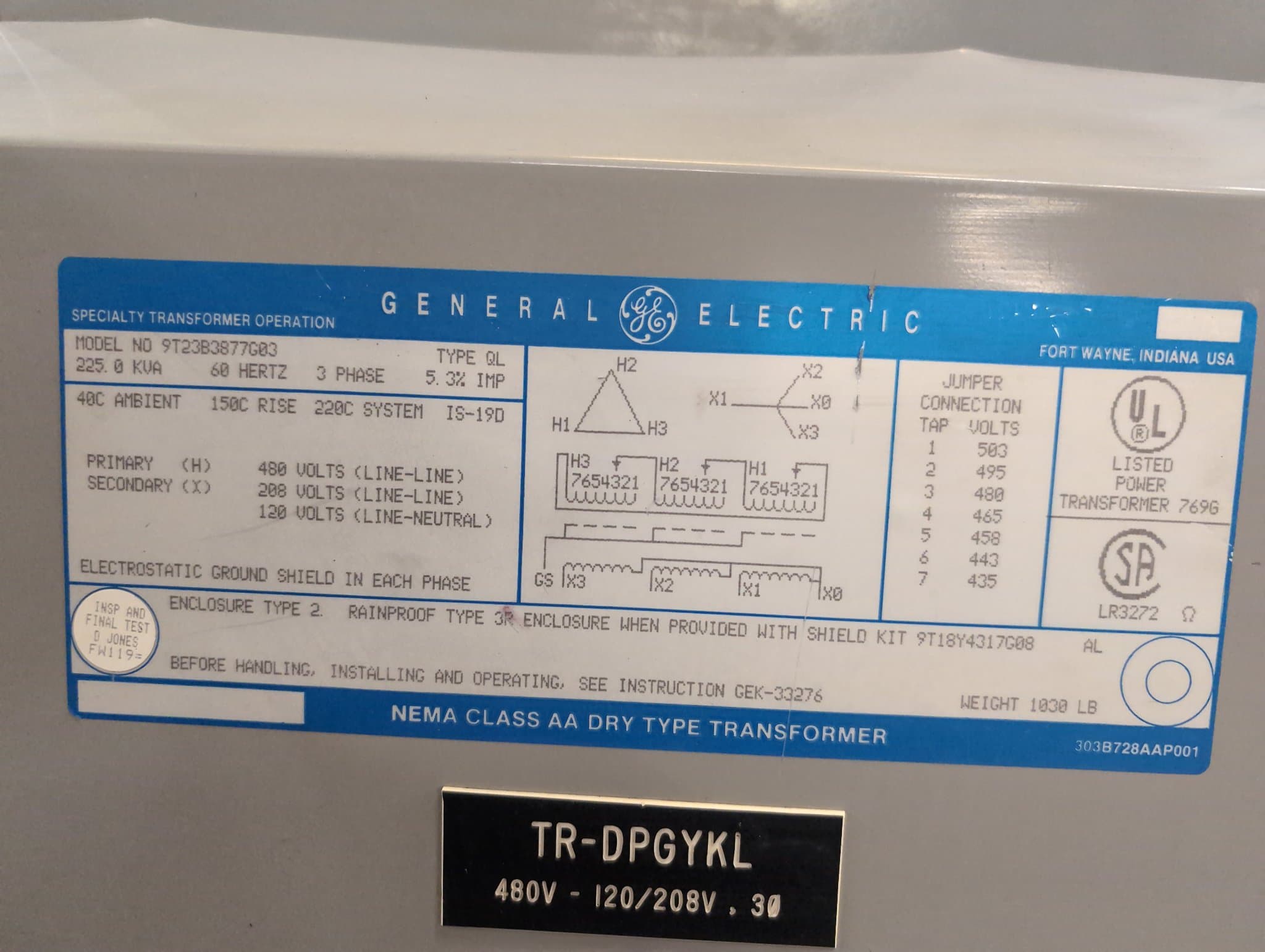 GE 9T23B3877G03 Dry Type Transformer 225kVA 480V-208Y/120V Indoor – image 1