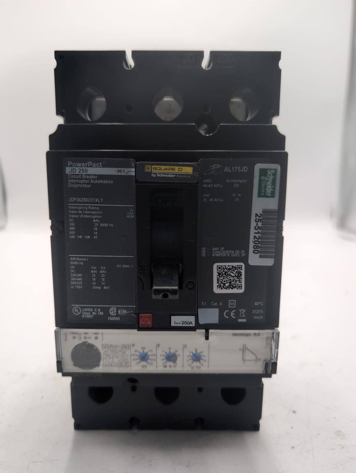 Square D JDP36250U31XLY Circuit Breaker 250A 600V 3P