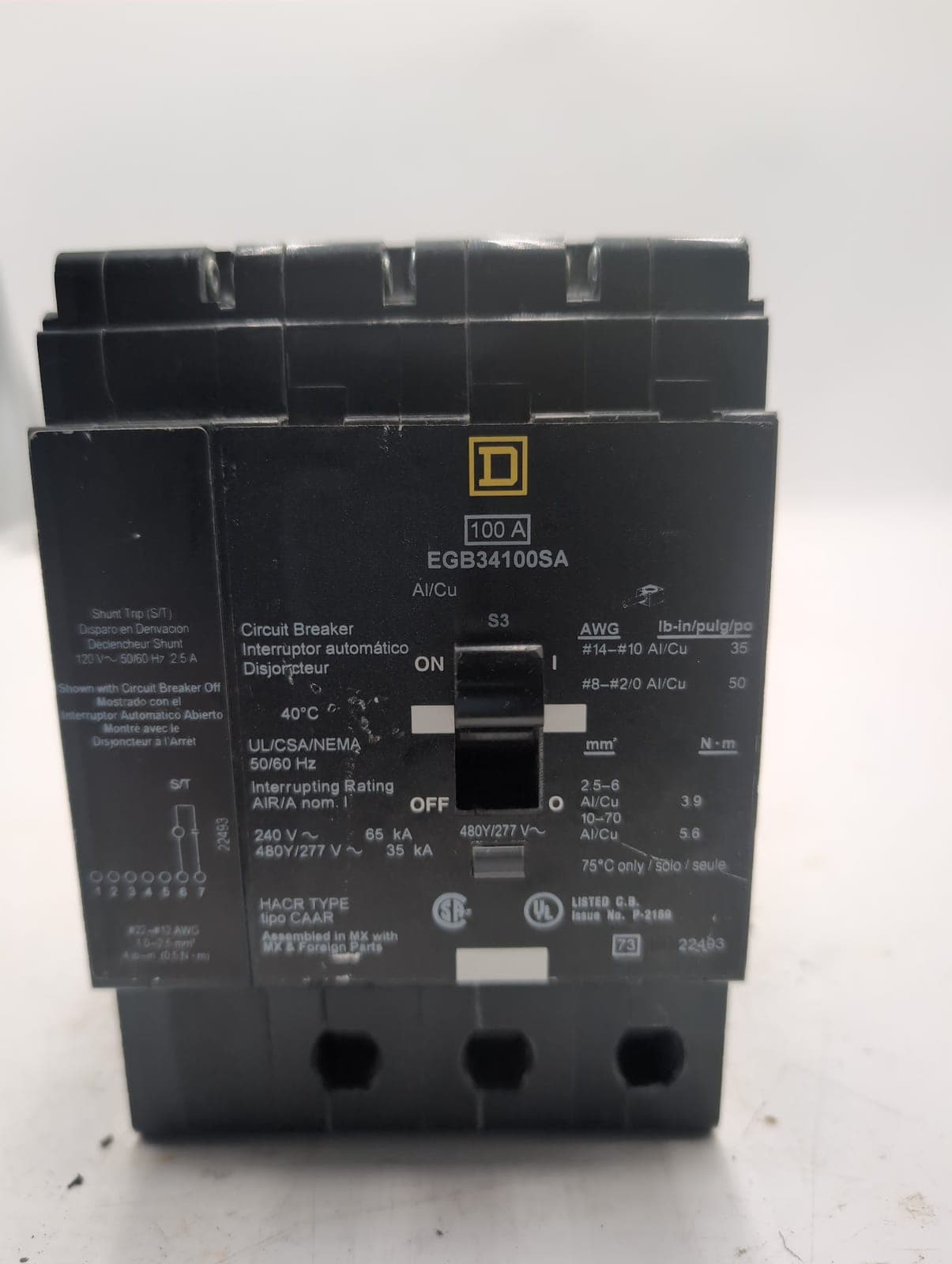 Square D EGB34100SA Circuit Breaker 100A 240V 3 Pole