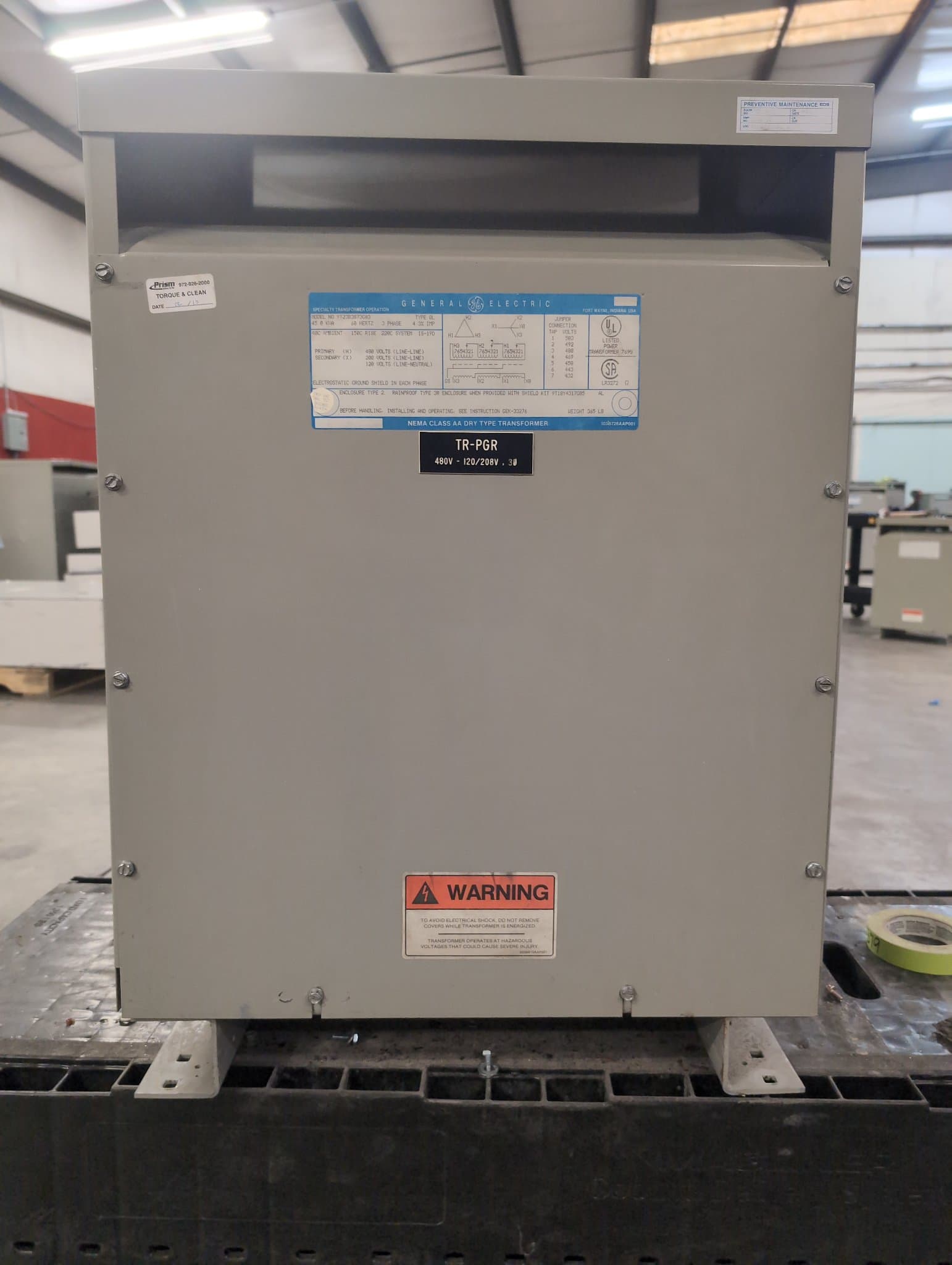 GE 9T23B3873G03 45KVA Transformer 480V/208-120V Indoor Enclosure