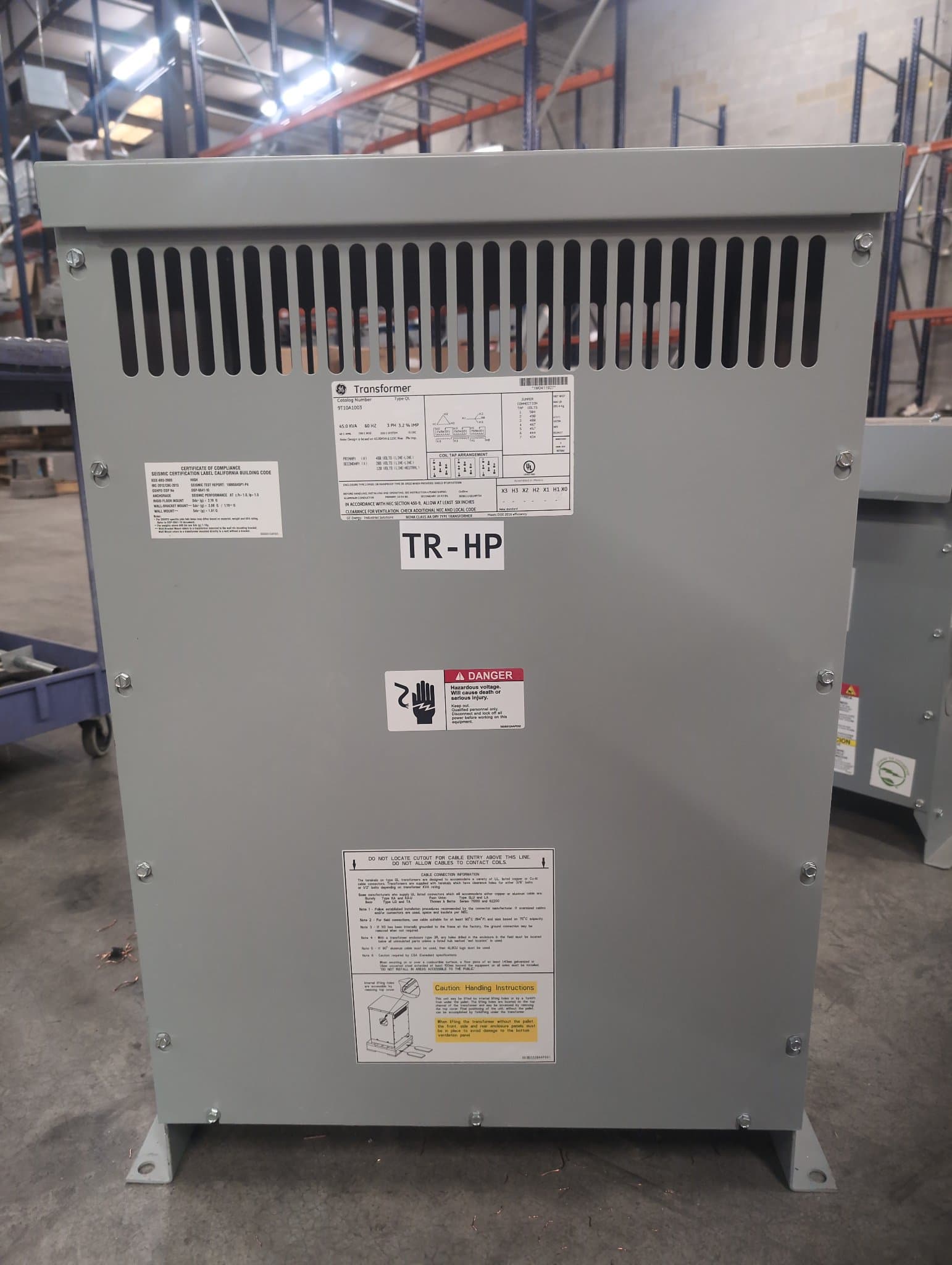 GE 9T10A1003 Dry Type Transformer 45kVA 480V 208/120V Indoor – image 1