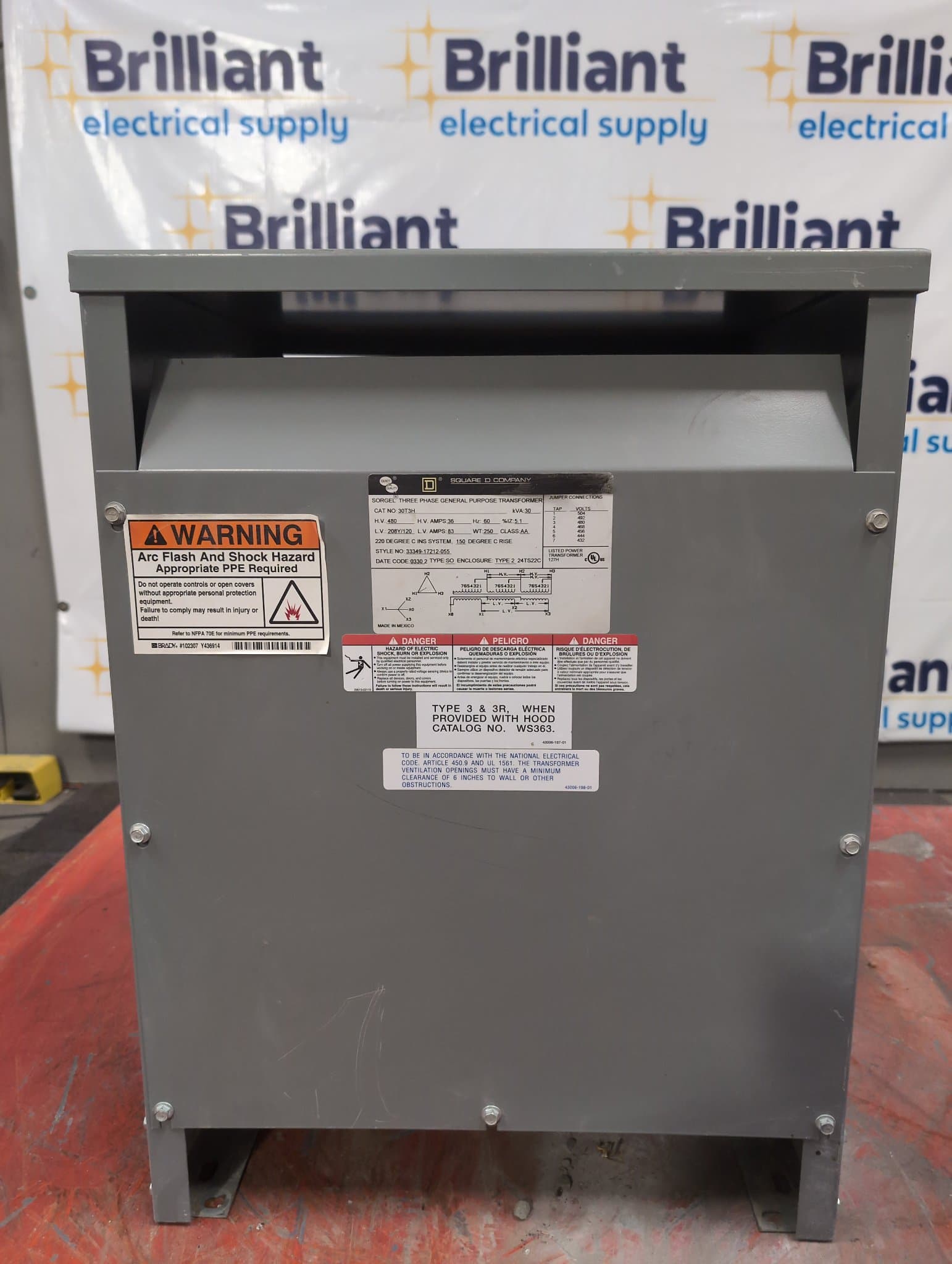 Square D 30T3H Dry Type Transformer 30kVA 480V/208-120V NEMA 2