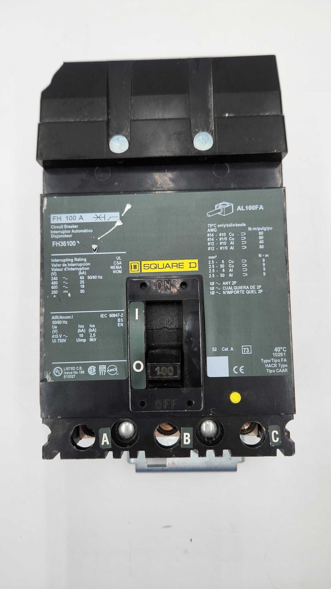 Square D FH36100 I-Line Circuit Breaker 100A 600V 3P