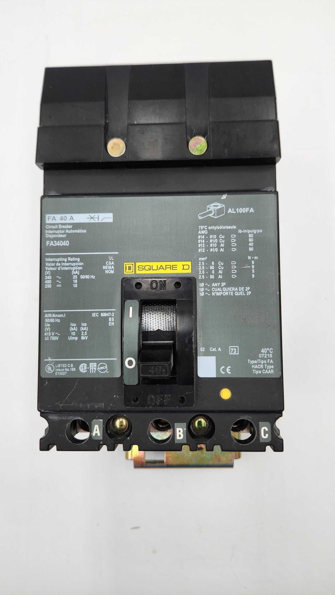 Square D FA34040 I-Line Circuit Breaker 40A 3P 480V