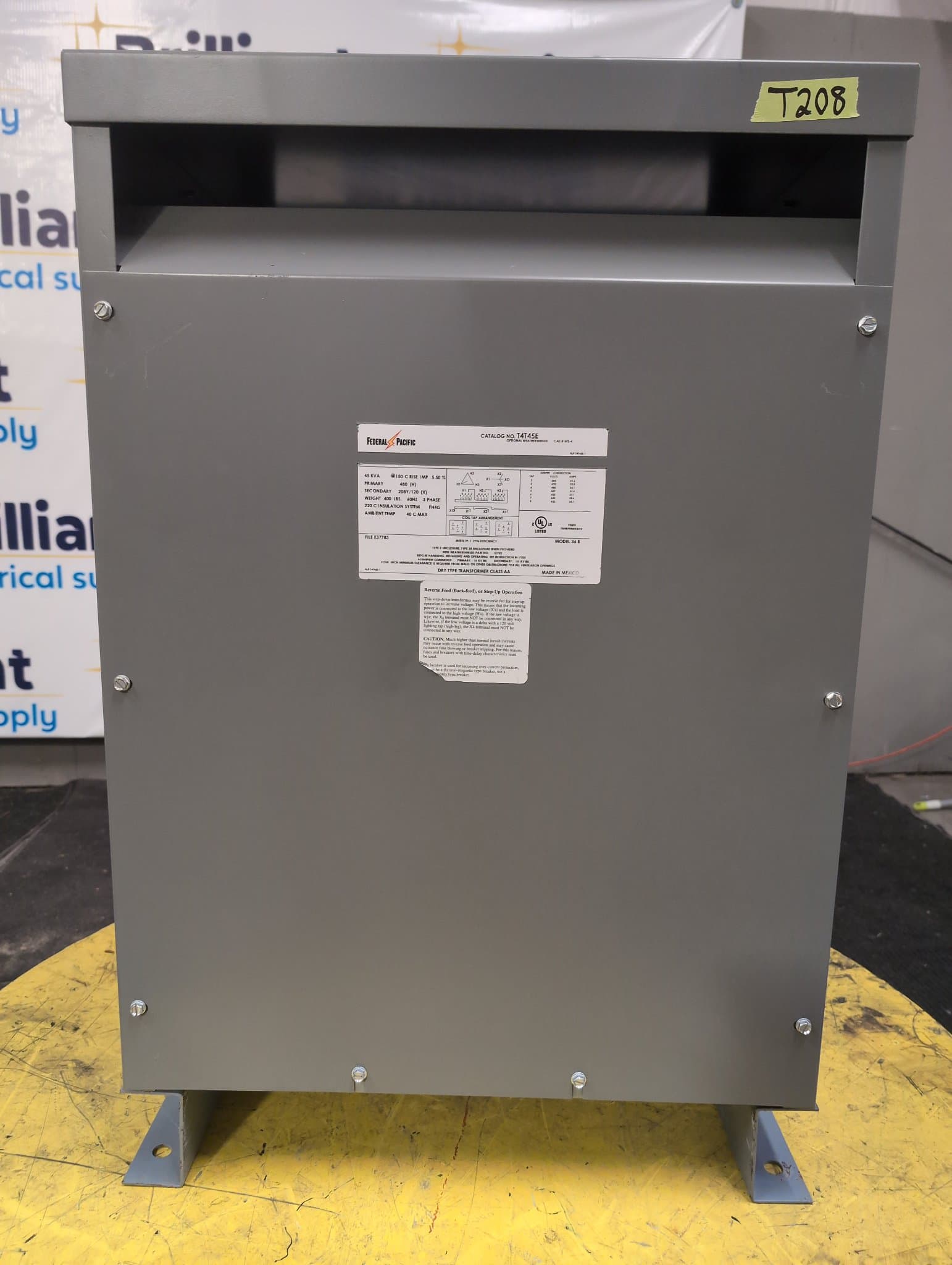 Federal Pacific T4T45E 45kVA Dry Type Transformer 480V/208V NEMA 1