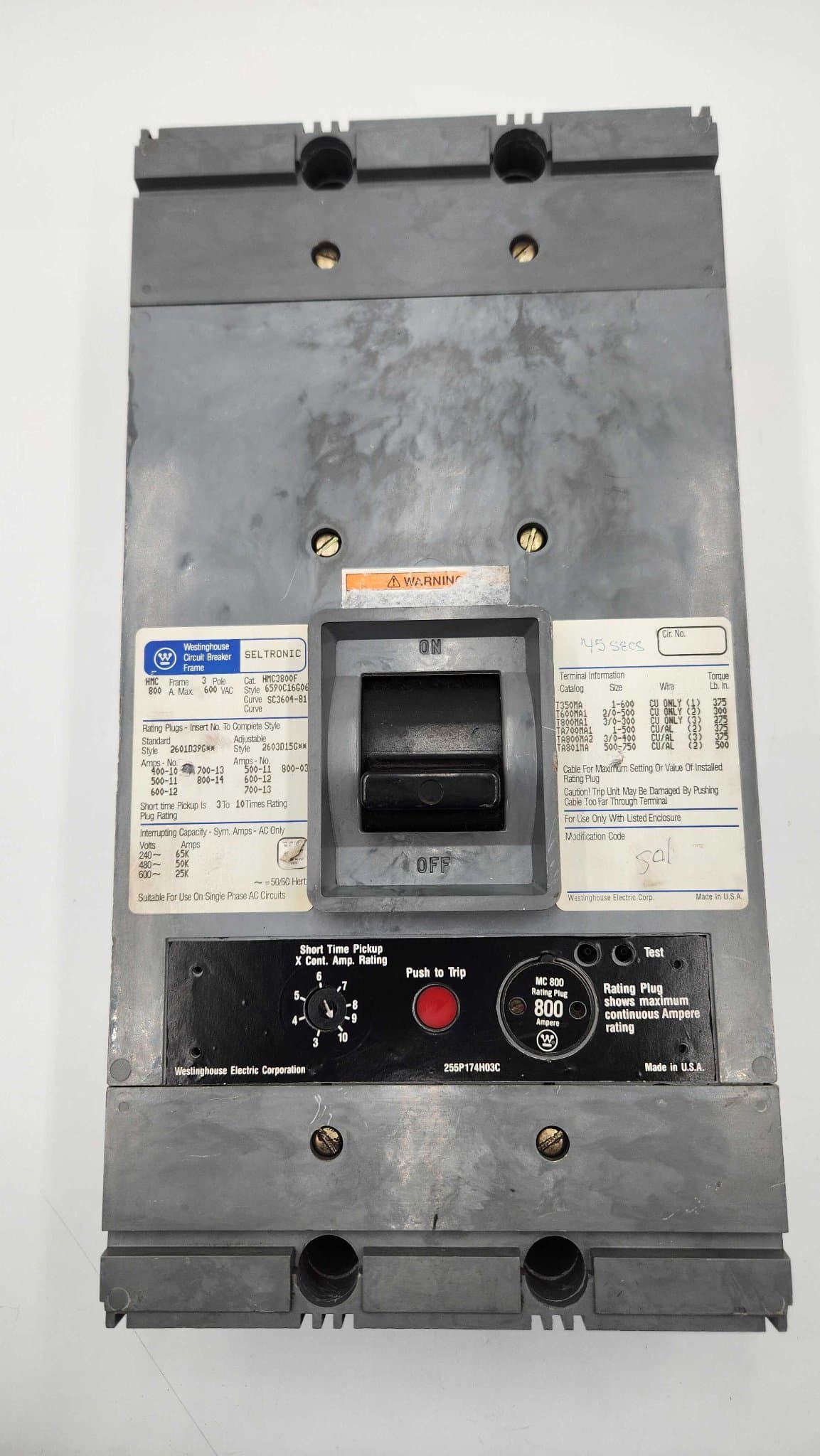 Westinghouse HMC3800 Circuit Breaker 800A 600V 3 Pole – image 1
